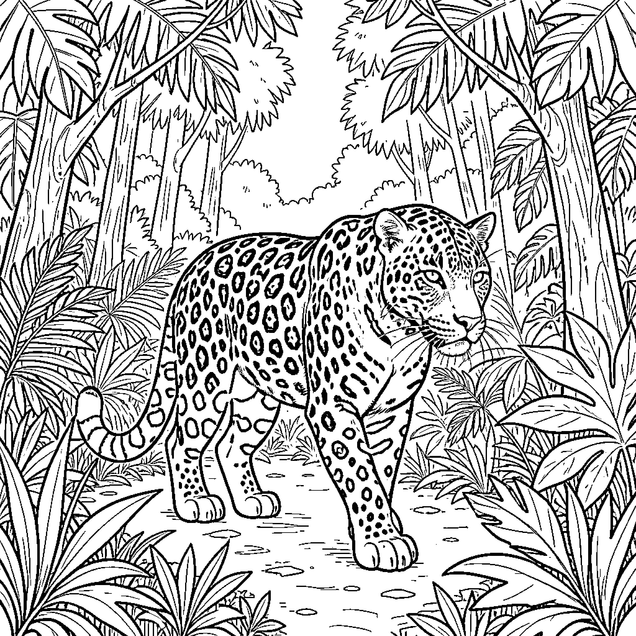 Jaguar prowling through the tropical foliage Coloring Page (free black-and-white line drawing printable PDF for all, from beginners to advanced learners, including children, teens, adults, and seniors)