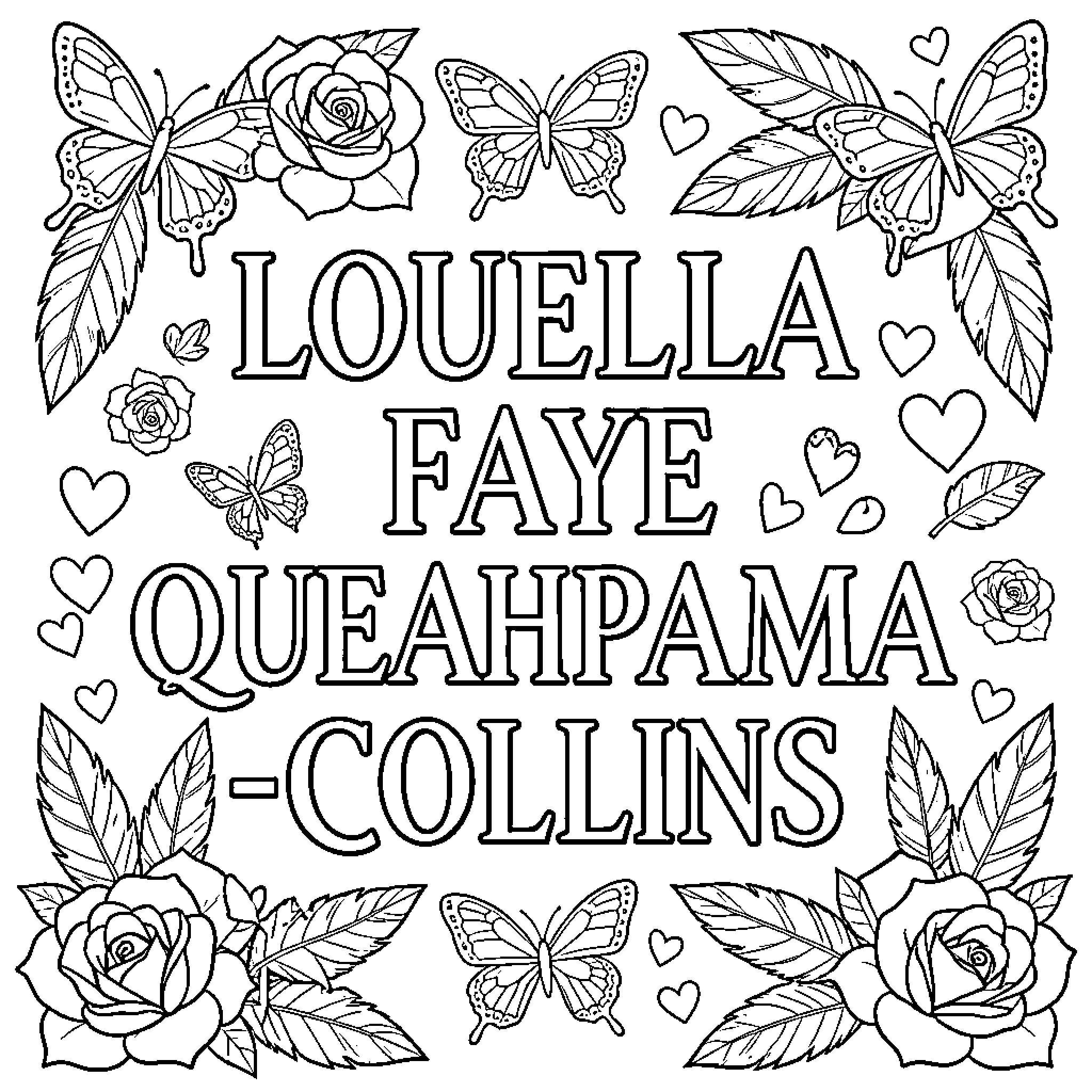Louella Faye Queahpama-Collins surrounded by butterflies and roses Coloring Page (free black-and-white line drawing printable PDF for all, from beginners to advanced learners, including children, teens, adults, and seniors)