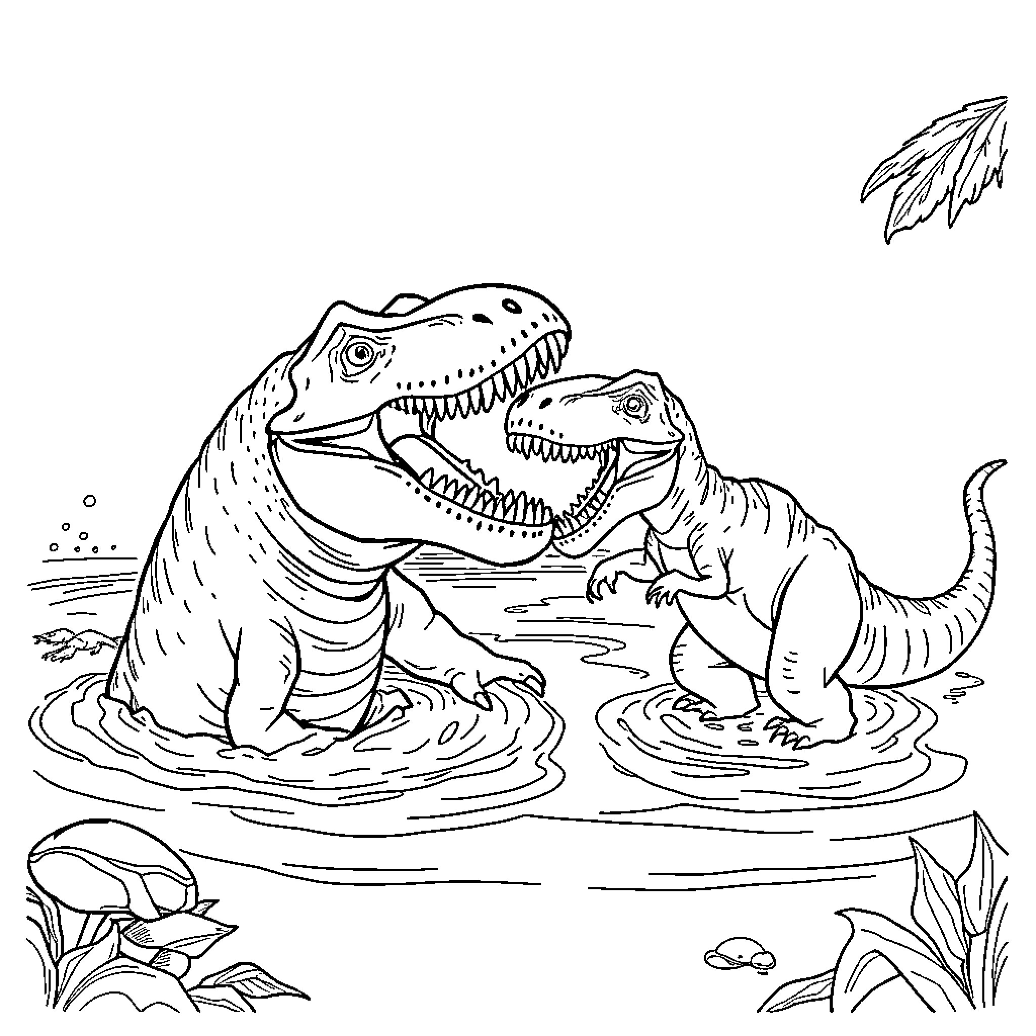 Mosasaur encountering young dinosaurs in prehistoric waters Coloring Page (free black-and-white line drawing printable PDF for all, from beginners to advanced learners, including children, teens, adults, and seniors)