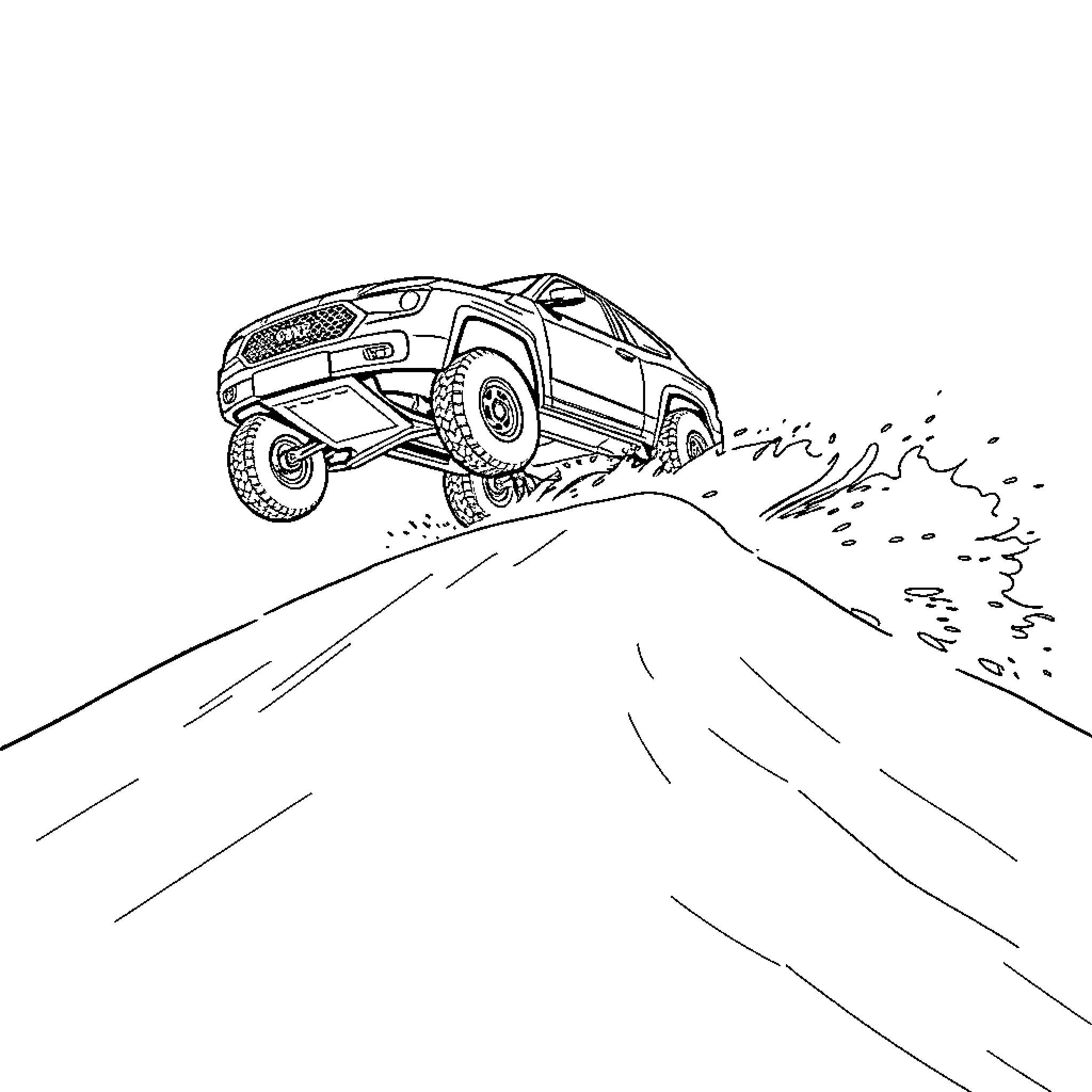 Car jumping over rugged terrain Coloring Page (free black-and-white line drawing printable PDF for all, from beginners to advanced learners, including children, teens, adults, and seniors)