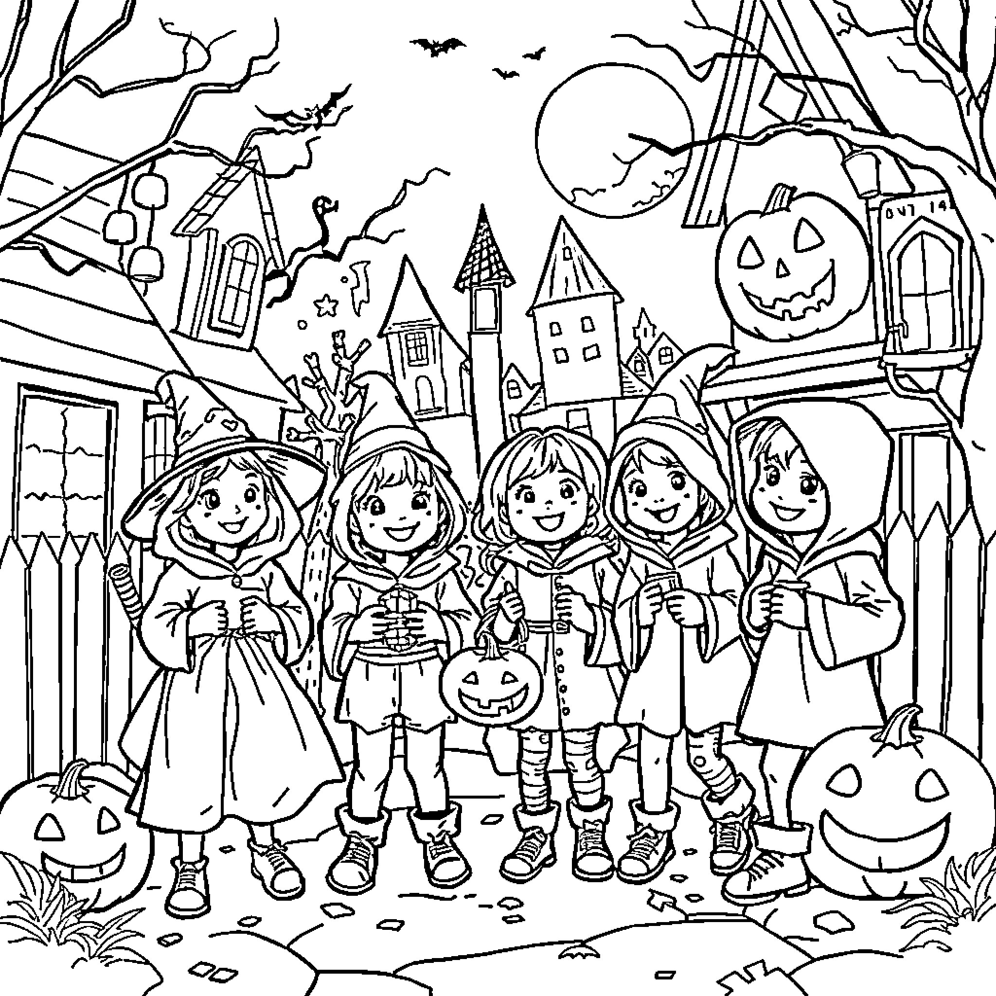 Halloween kids trick-or-treating in a haunted village Coloring Page (free black-and-white line drawing printable PDF for all, from beginners to advanced learners, including children, teens, adults, and seniors)