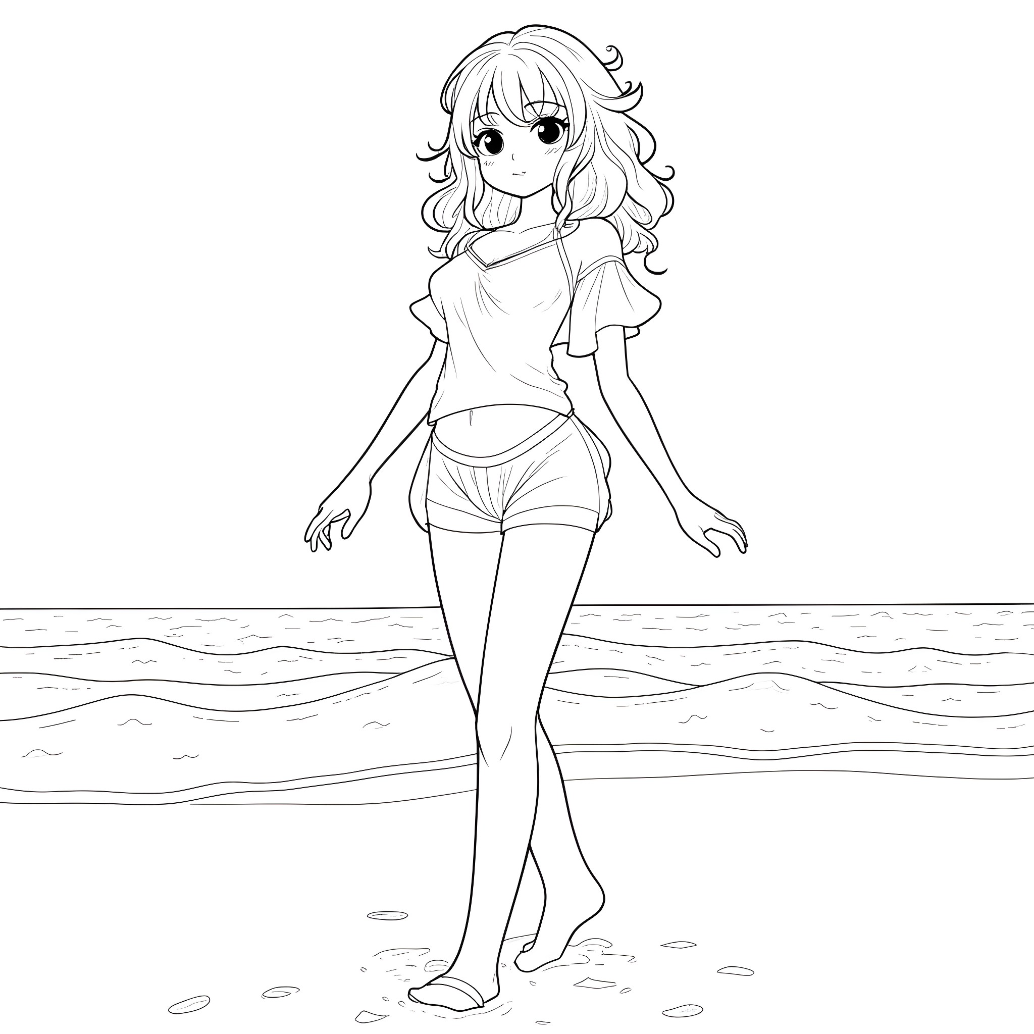 Noelle at the Beach Coloring Page (free black-and-white line drawing printable PDF for all, from beginners to advanced learners, including children, teens, adults, and seniors)