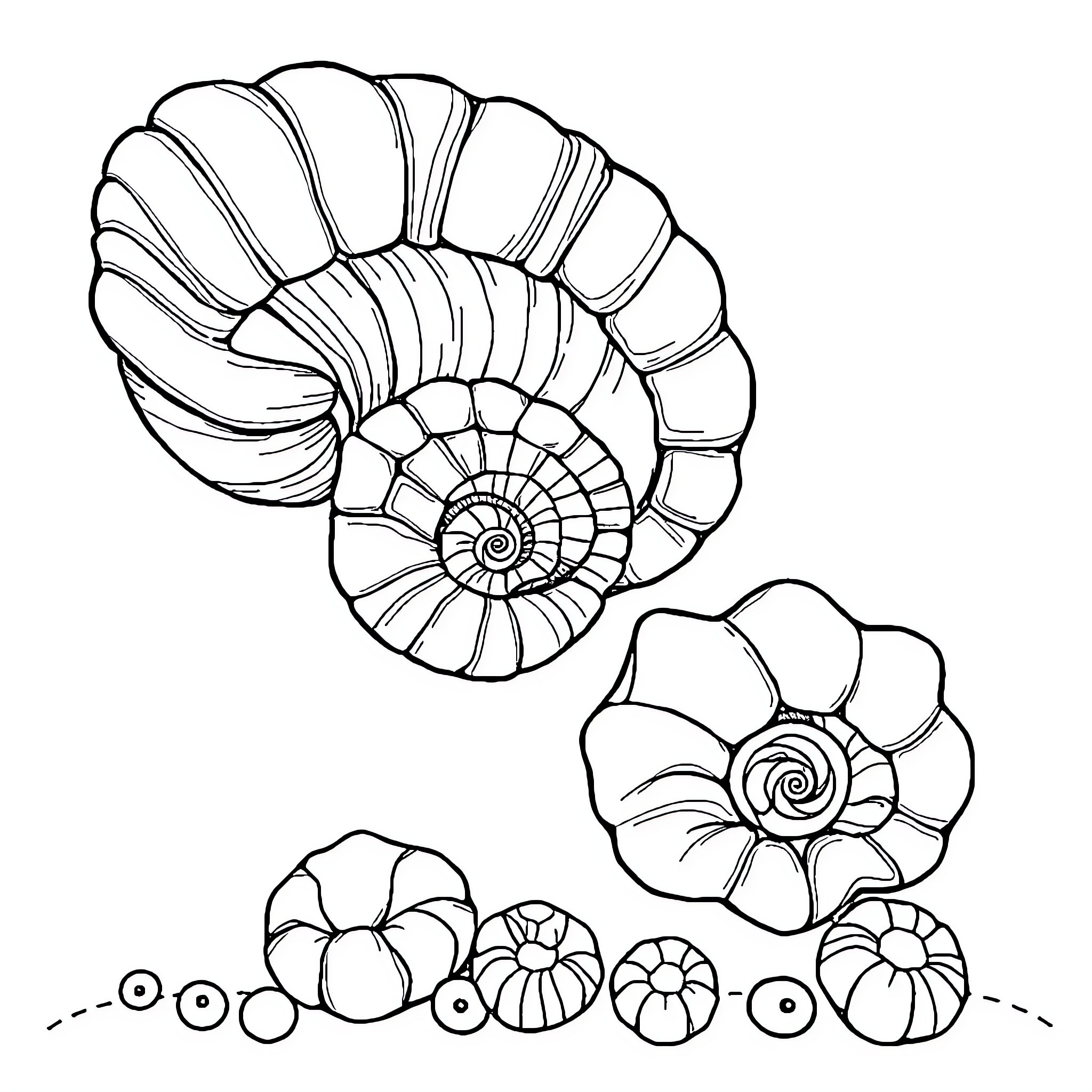Shell-inspired organic shapes and patterns Coloring Page (free black-and-white line drawing printable PDF for all, from beginners to advanced learners, including children, teens, adults, and seniors)