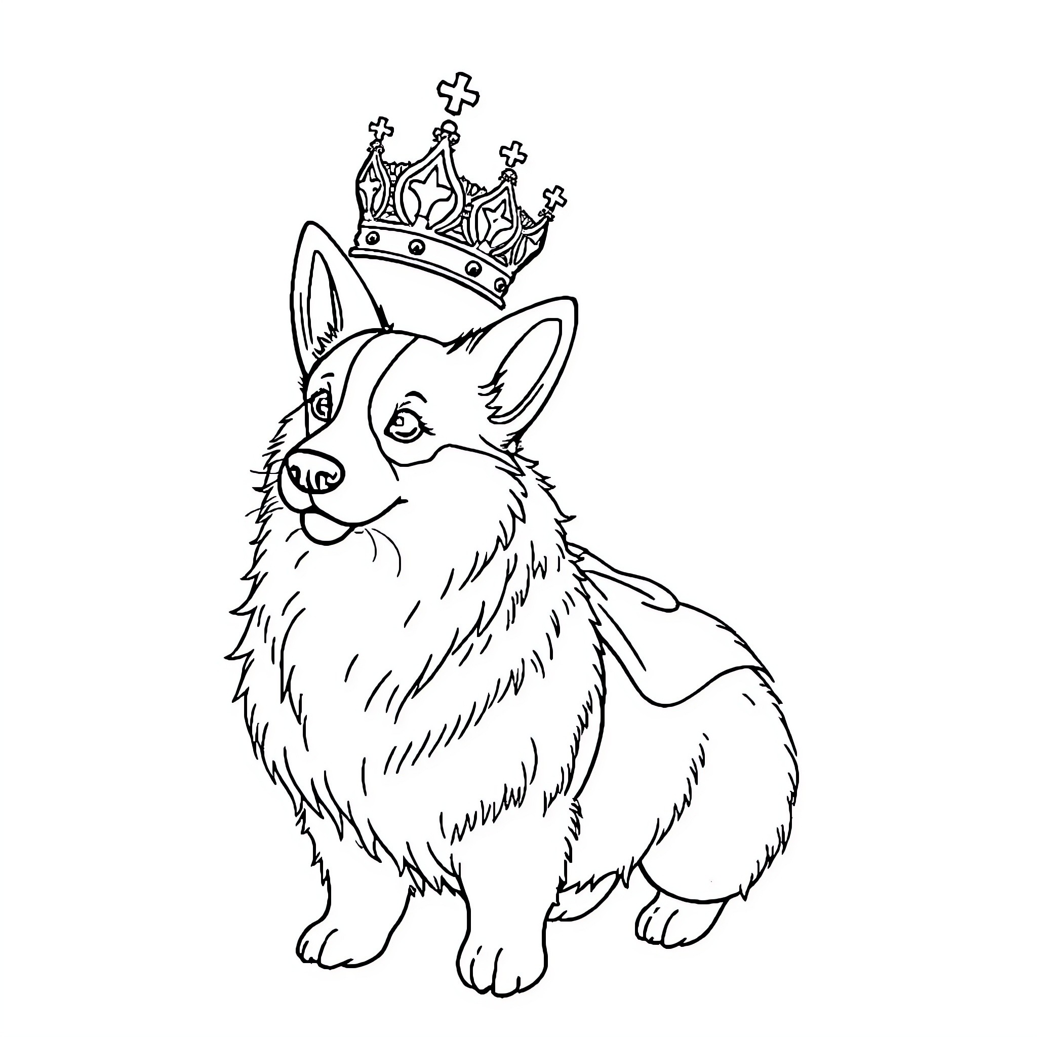 Queen Corgi with Regal Crown Coloring Page (free black-and-white line drawing printable PDF for all, from beginners to advanced learners, including children, teens, adults, and seniors)