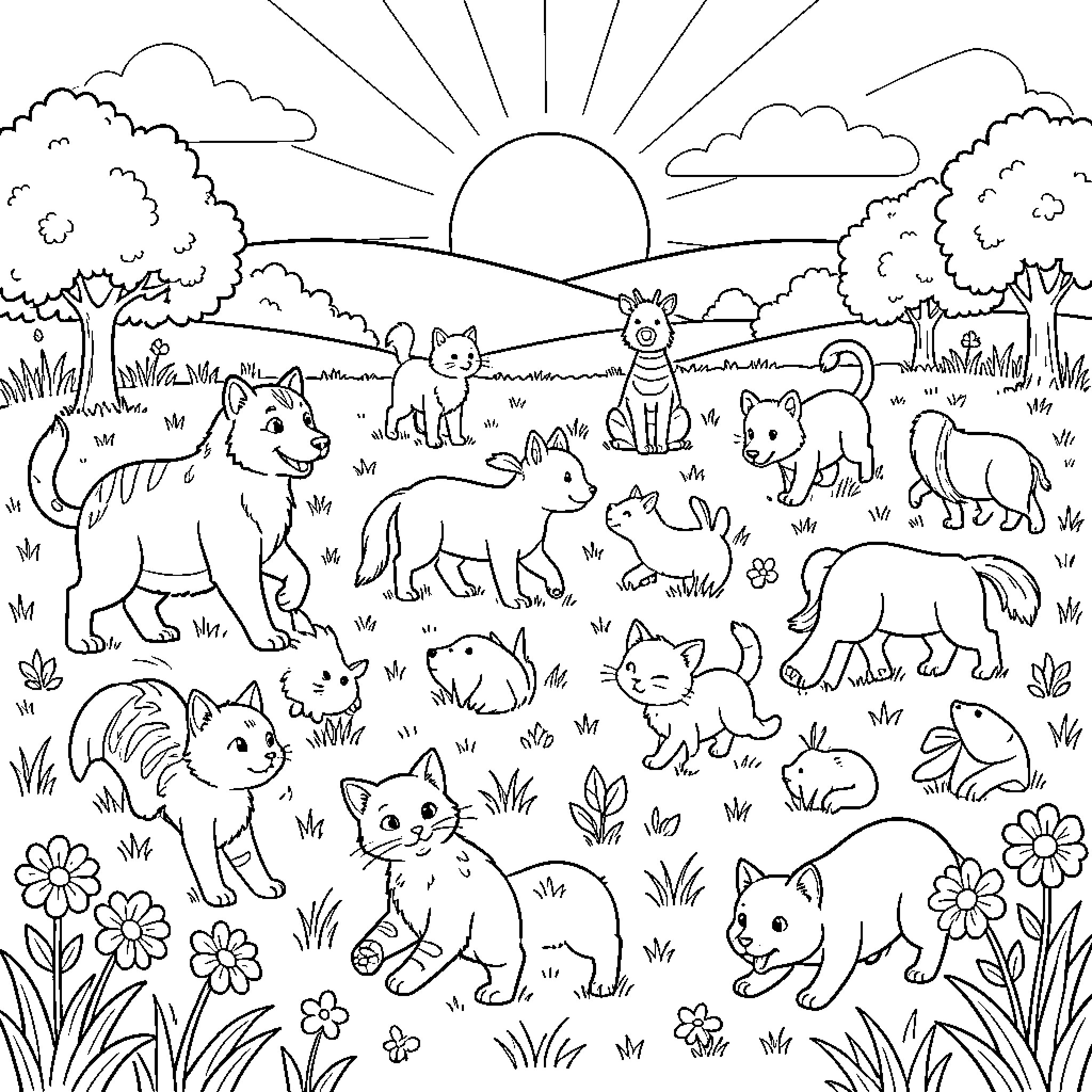 Animal friends enjoying a sunny day in the meadow Coloring Page (free black-and-white line drawing printable PDF for all, from beginners to advanced learners, including children, teens, adults, and seniors)