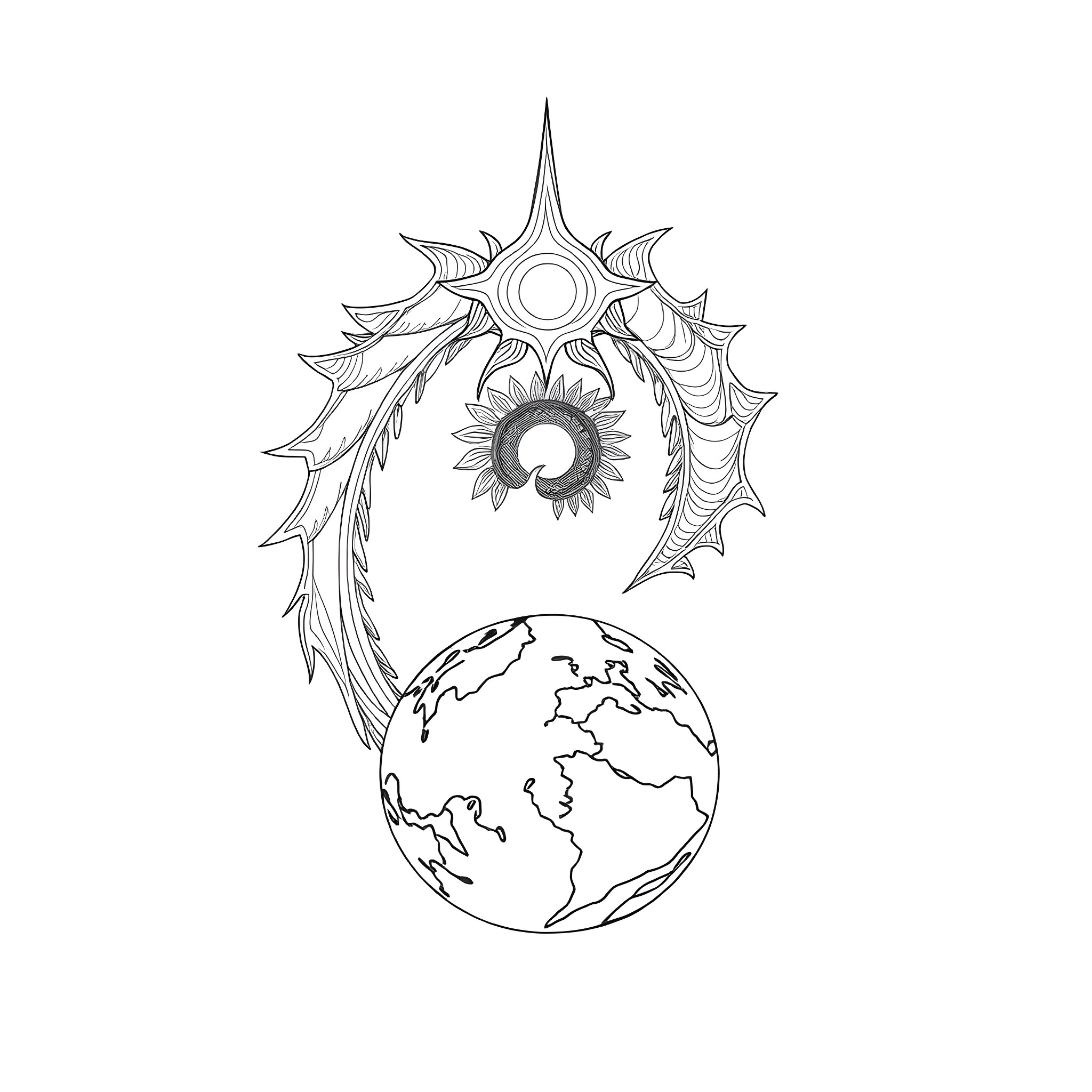 Spirit of the Earth's Celestial Journey Coloring Page (free black-and-white line drawing printable PDF for all, from beginners to advanced learners, including children, teens, adults, and seniors)