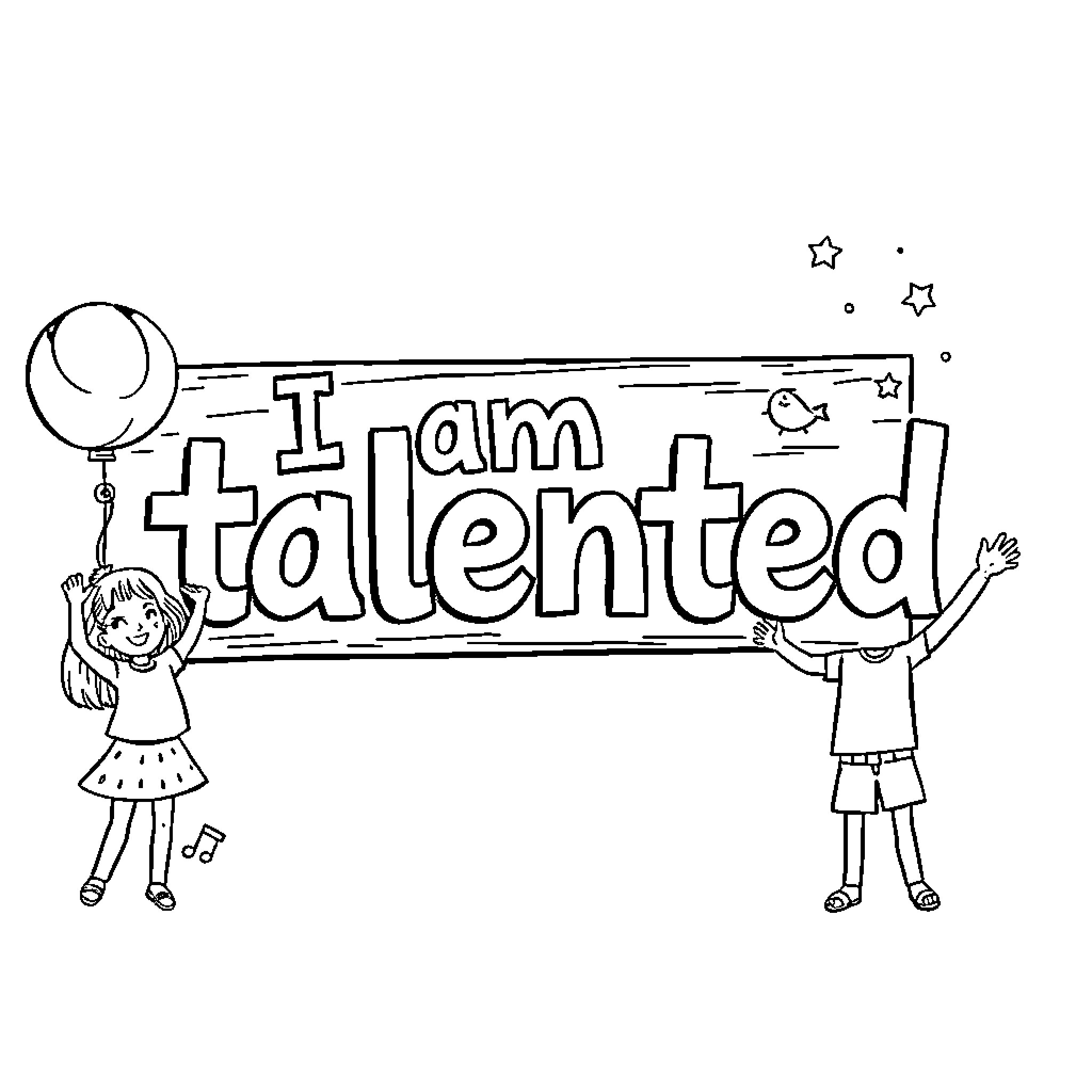 Kid celebrating and holding 'I am talented' sign Coloring Page (free black-and-white line drawing printable PDF for all, from beginners to advanced learners, including children, teens, adults, and seniors)