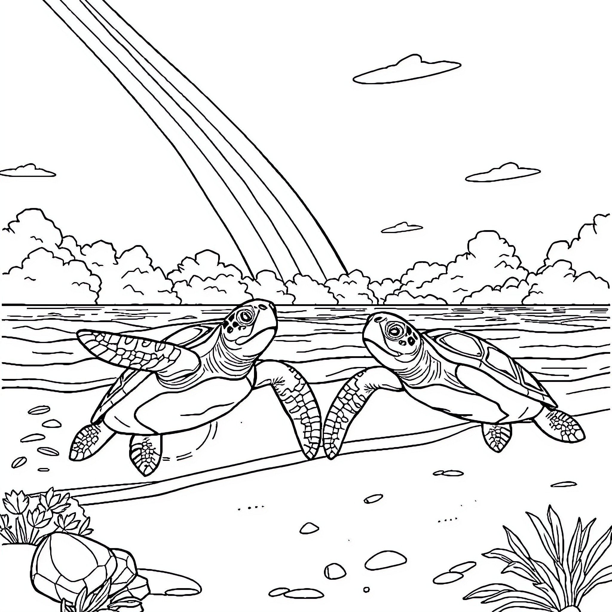 Sea Turtles swimming in the ocean Coloring Page (free black-and-white line drawing printable PDF for all, from beginners to advanced learners, including children, teens, adults, and seniors)