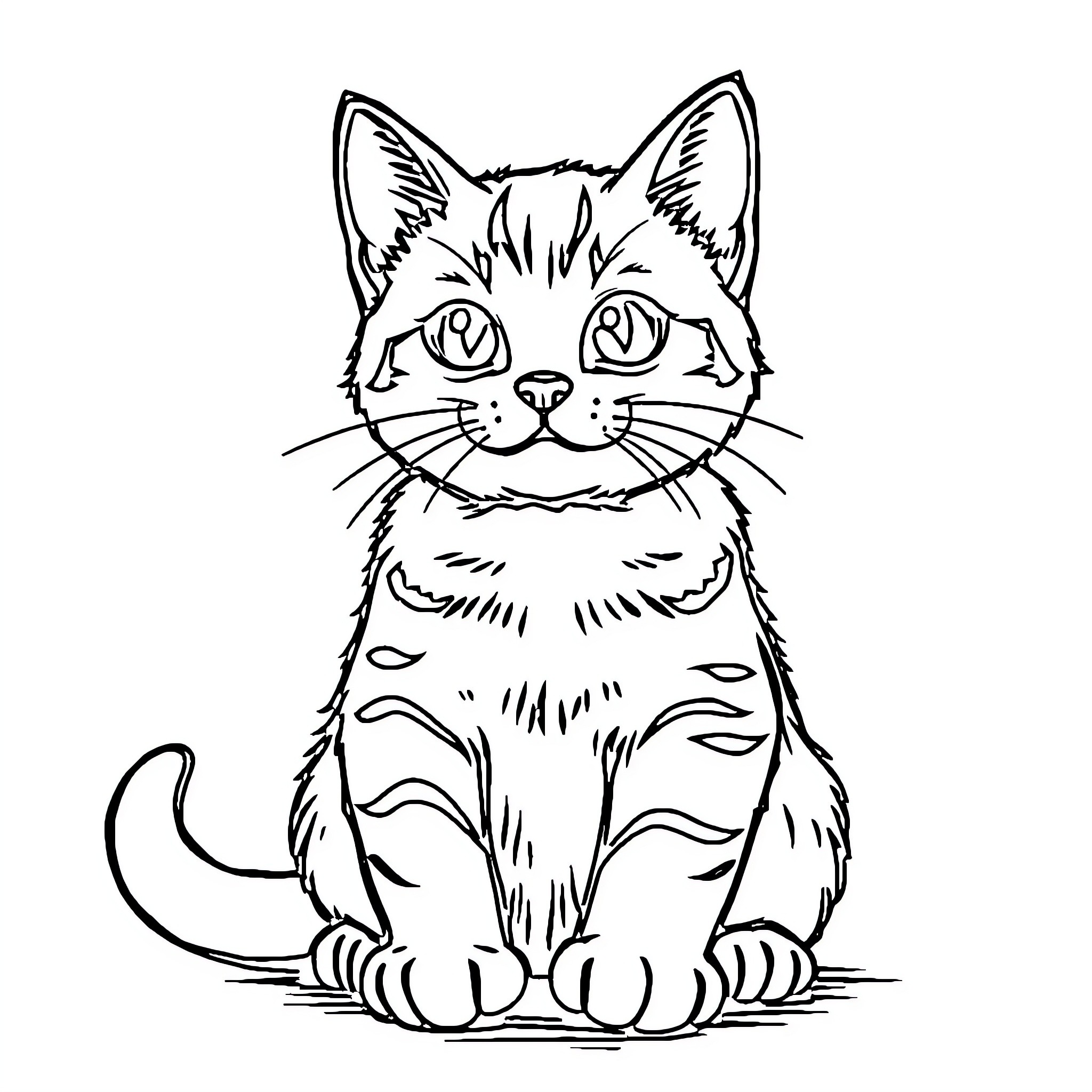 Cat in a Thoughtful Pose Coloring Page (free black-and-white line drawing printable PDF for all, from beginners to advanced learners, including children, teens, adults, and seniors)