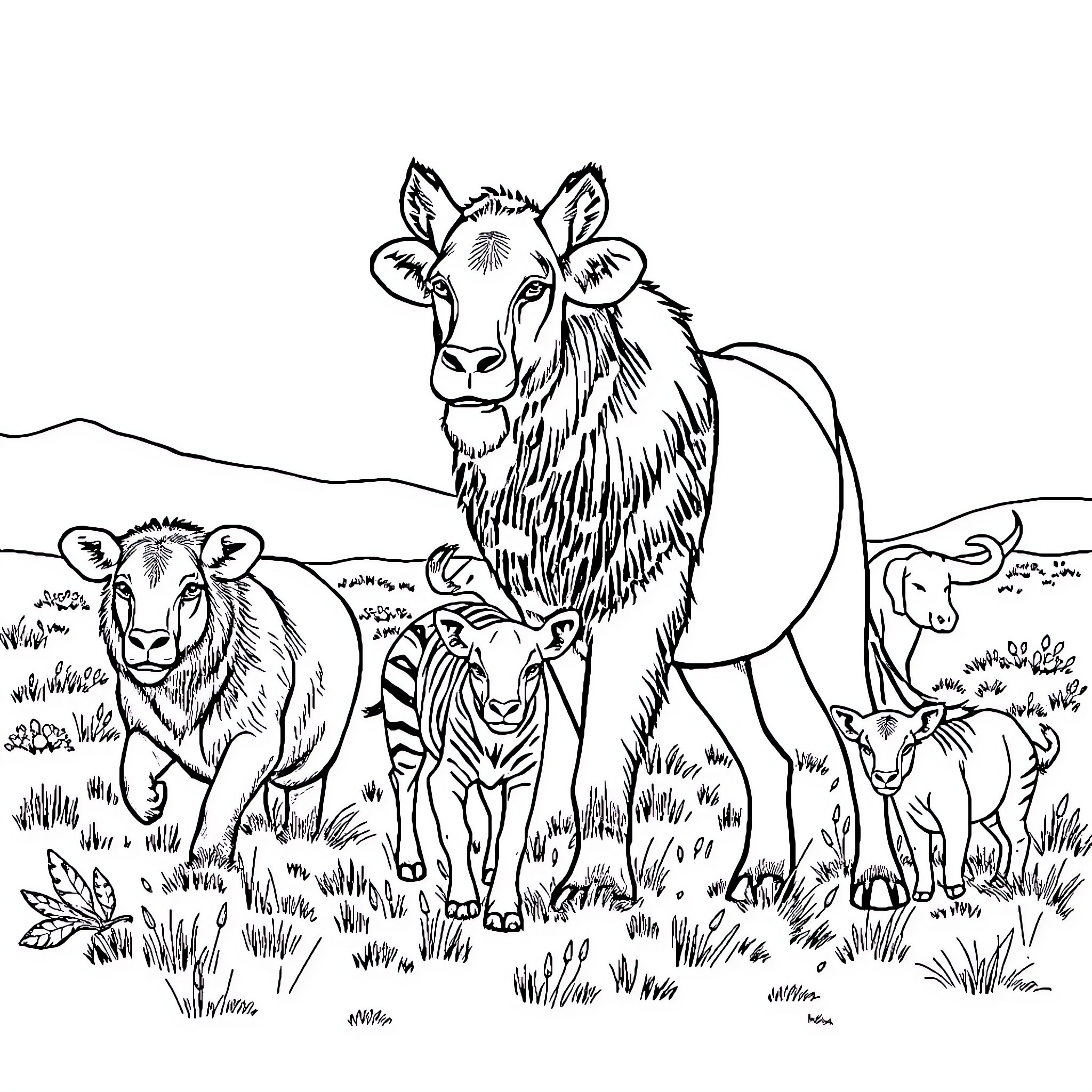 Animal family in nature scene Coloring Page (free black-and-white line drawing printable PDF for all, from beginners to advanced learners, including children, teens, adults, and seniors)