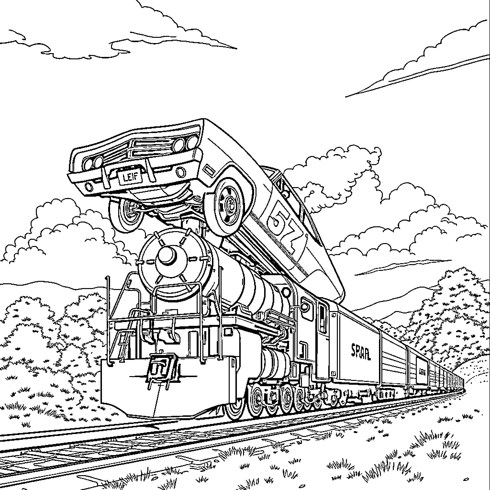 General Lee's Mighty Steam Locomotive Coloring Page (free black-and-white line drawing printable PDF for all, from beginners to advanced learners, including children, teens, adults, and seniors)