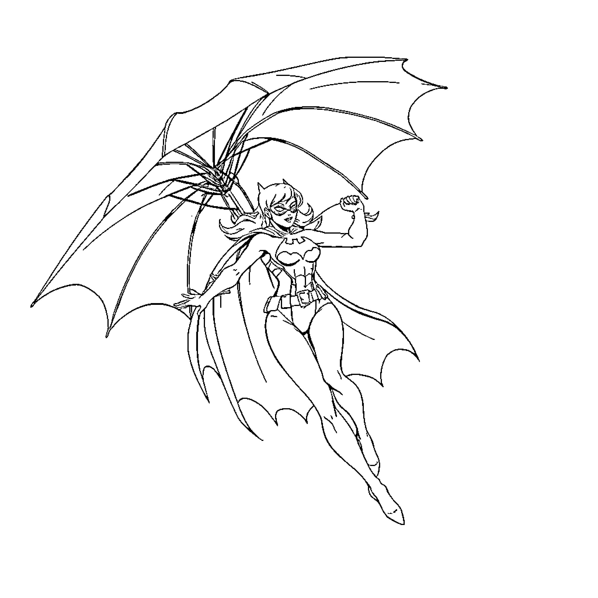 Batwoman in heroic pose with cape and umbrella Coloring Page (free black-and-white line drawing printable PDF for all, from beginners to advanced learners, including children, teens, adults, and seniors)