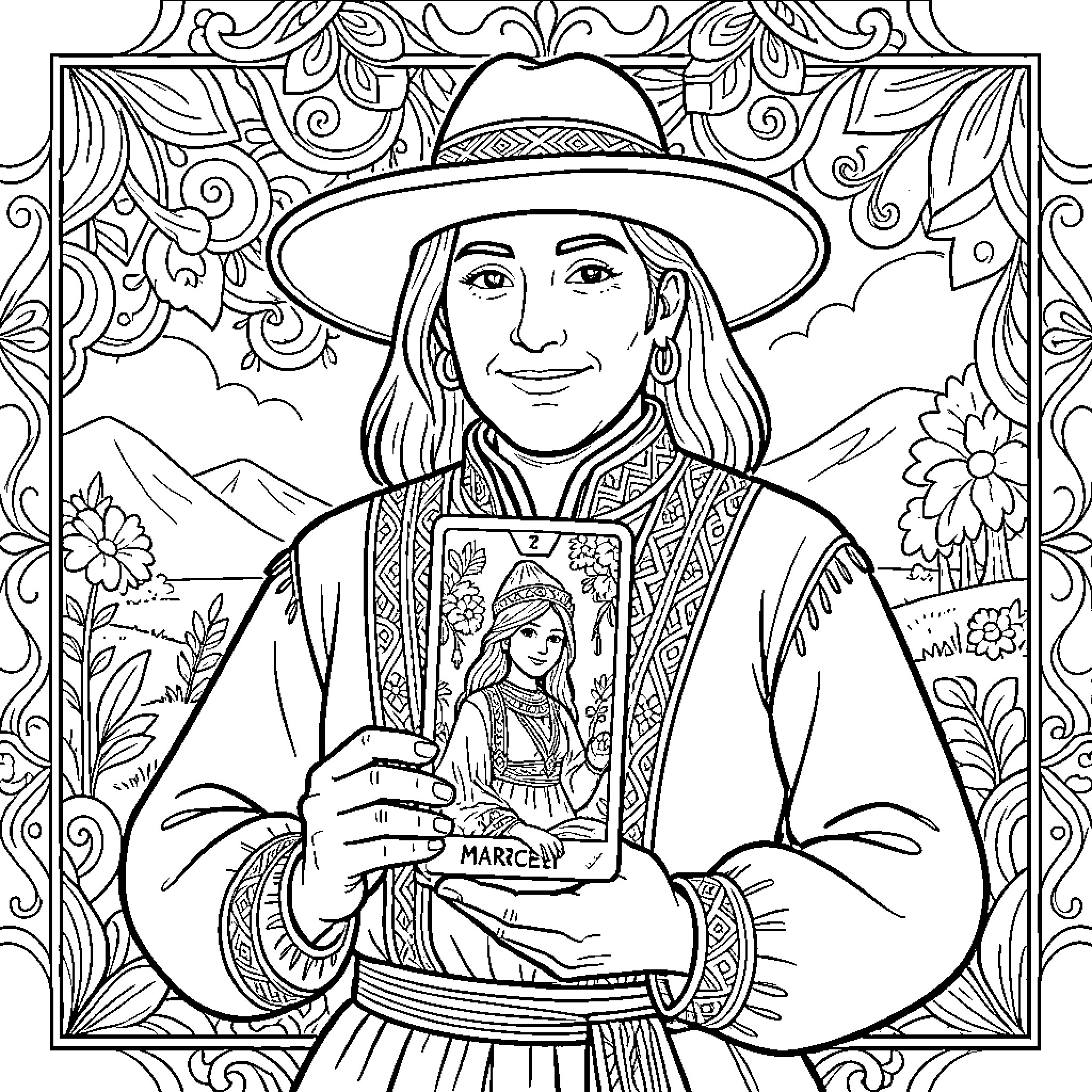 Huaso holding folk art figurine in traditional dress Coloring Page (free black-and-white line drawing printable PDF for all, from beginners to advanced learners, including children, teens, adults, and seniors)