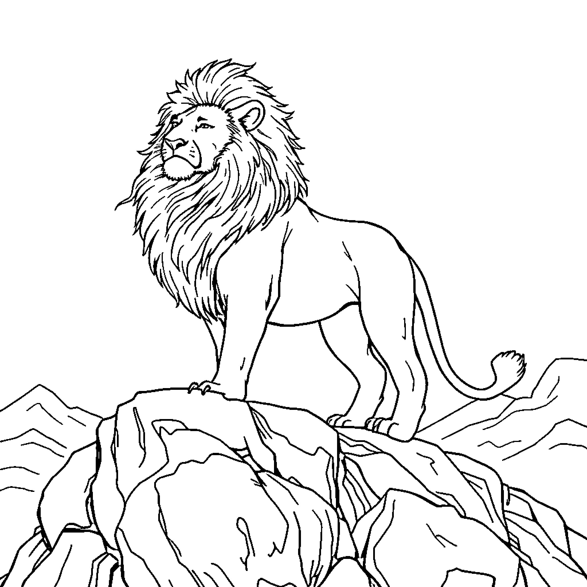 Lion standing tall on rocky mountain landscape Coloring Page (free black-and-white line drawing printable PDF for all, from beginners to advanced learners, including children, teens, adults, and seniors)