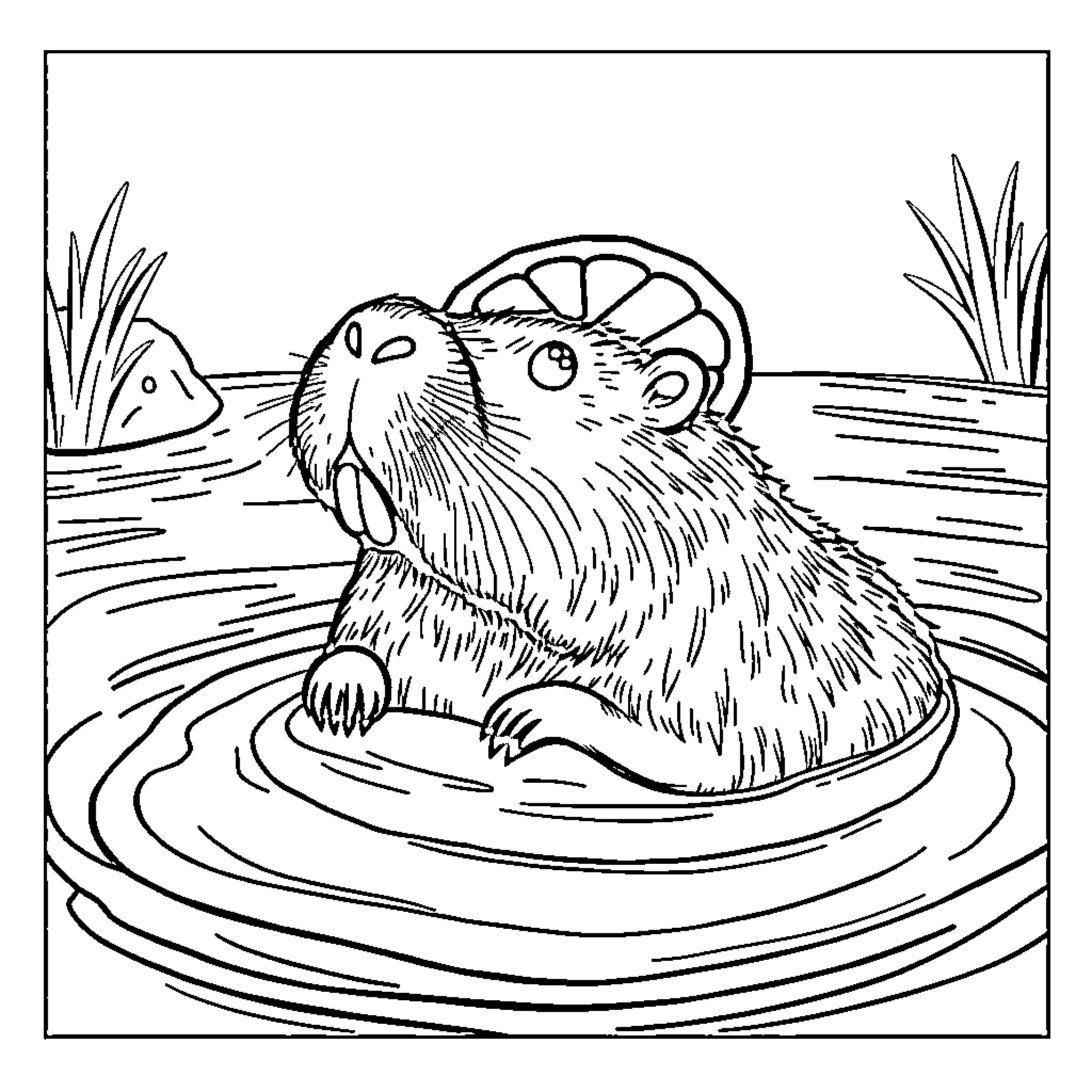 Capybara relaxing in a pond Coloring Page (free black-and-white line drawing printable PDF for all, from beginners to advanced learners, including children, teens, adults, and seniors)