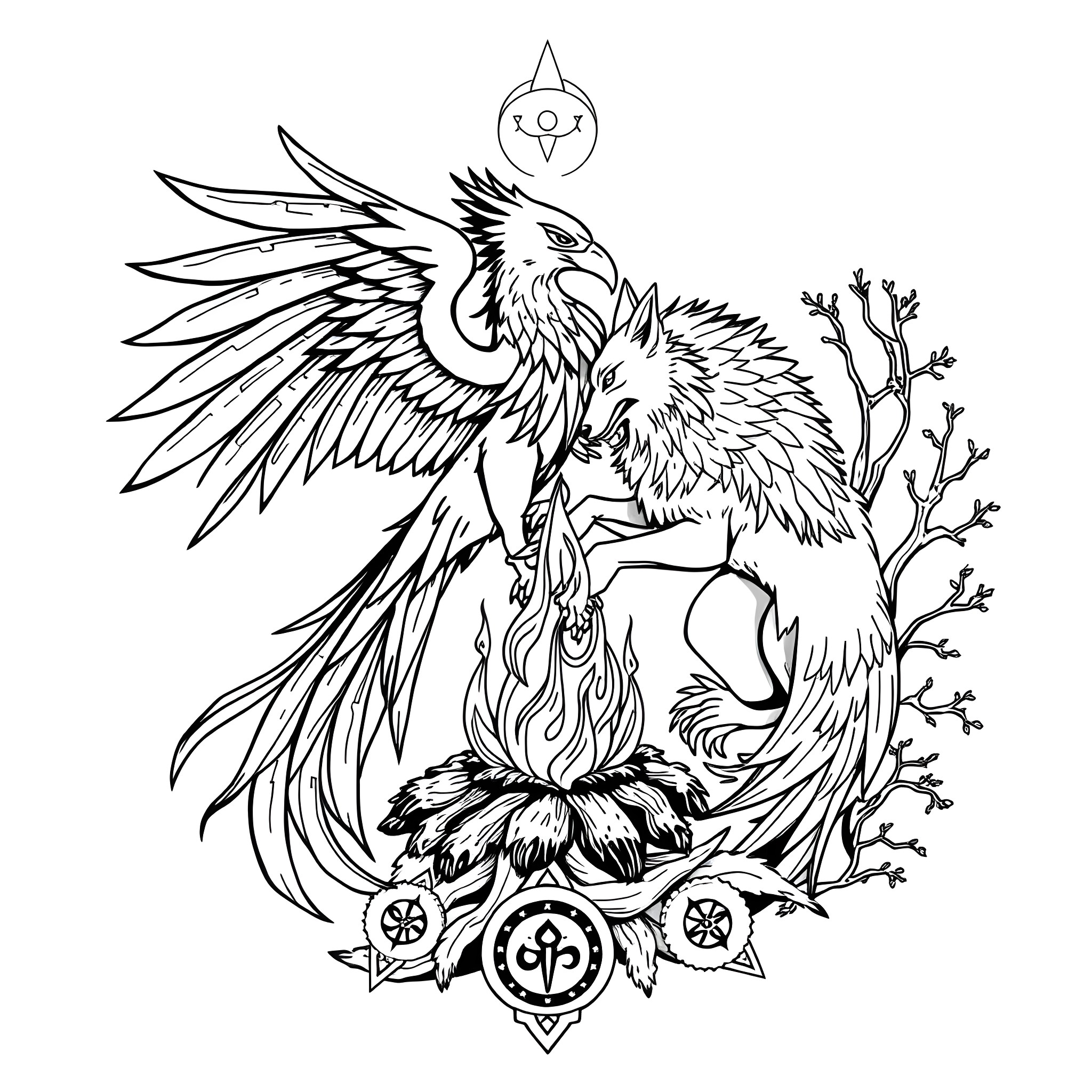 Thunderbird rising from the flames with mystic symbols Coloring Page (free black-and-white line drawing printable PDF for all, from beginners to advanced learners, including children, teens, adults, and seniors)