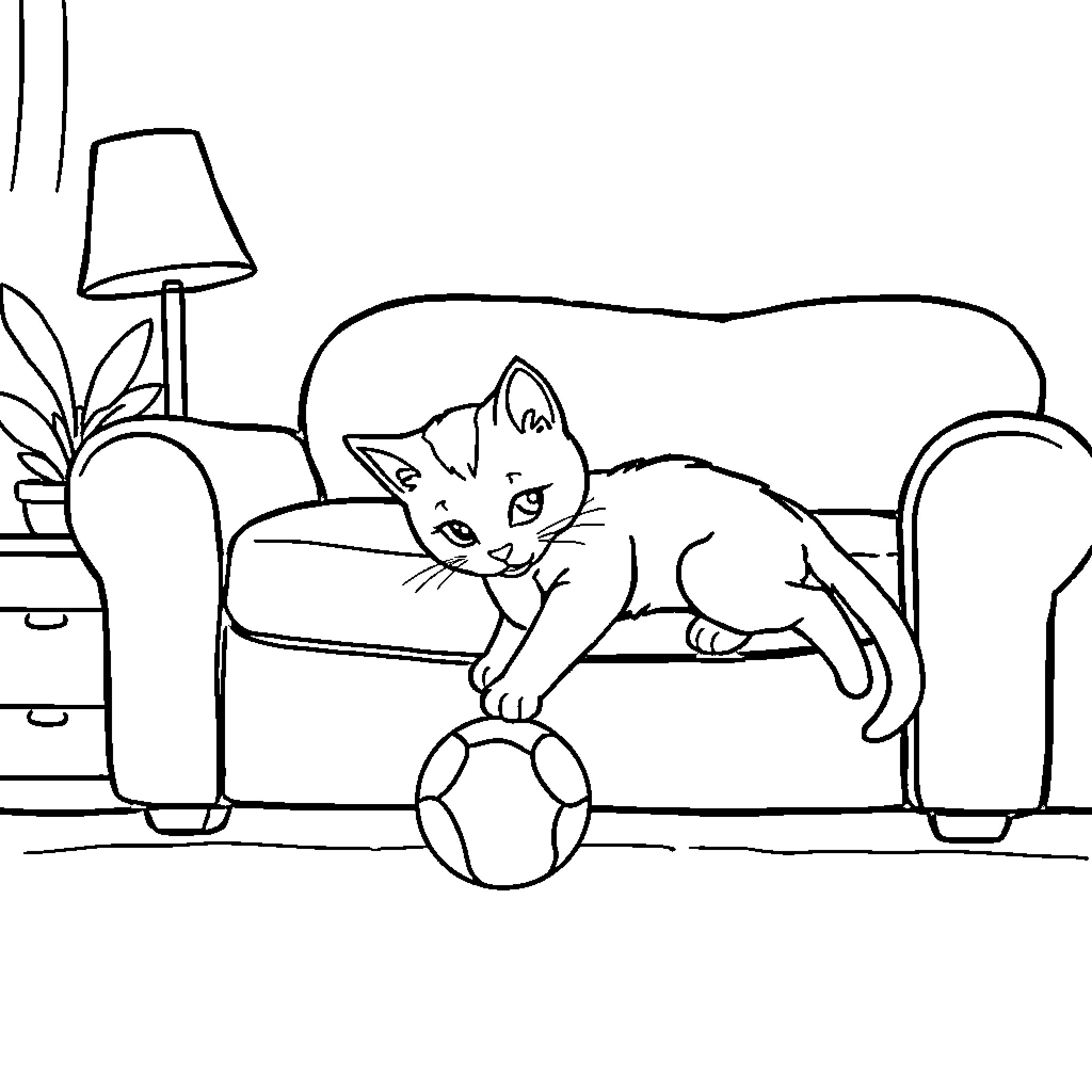 Gato playing playfully with ball on sofa Coloring Page (free black-and-white line drawing printable PDF for all, from beginners to advanced learners, including children, teens, adults, and seniors)
