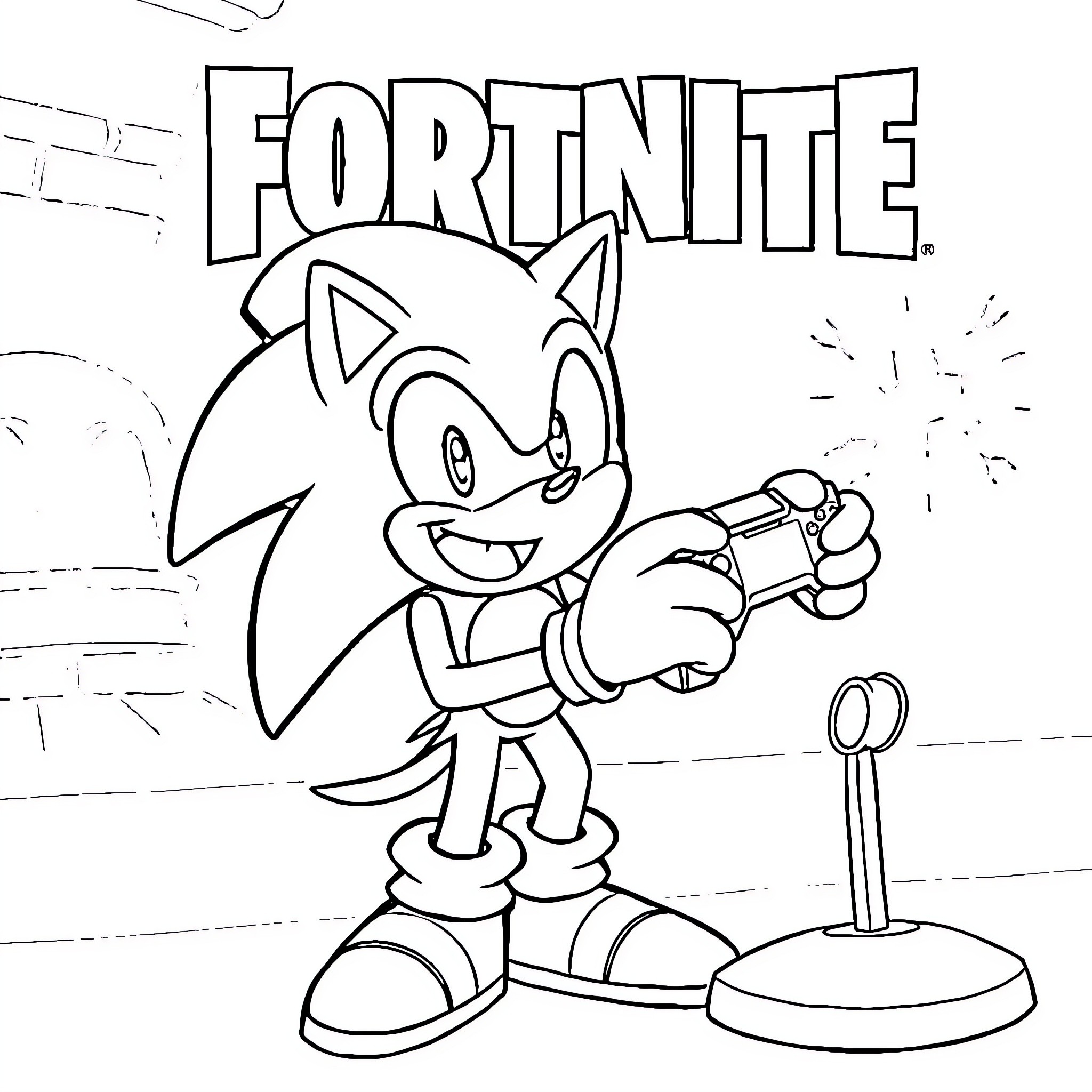 Sonic character in Fortnite video game Coloring Page (free black-and-white line drawing printable PDF for all, from beginners to advanced learners, including children, teens, adults, and seniors)