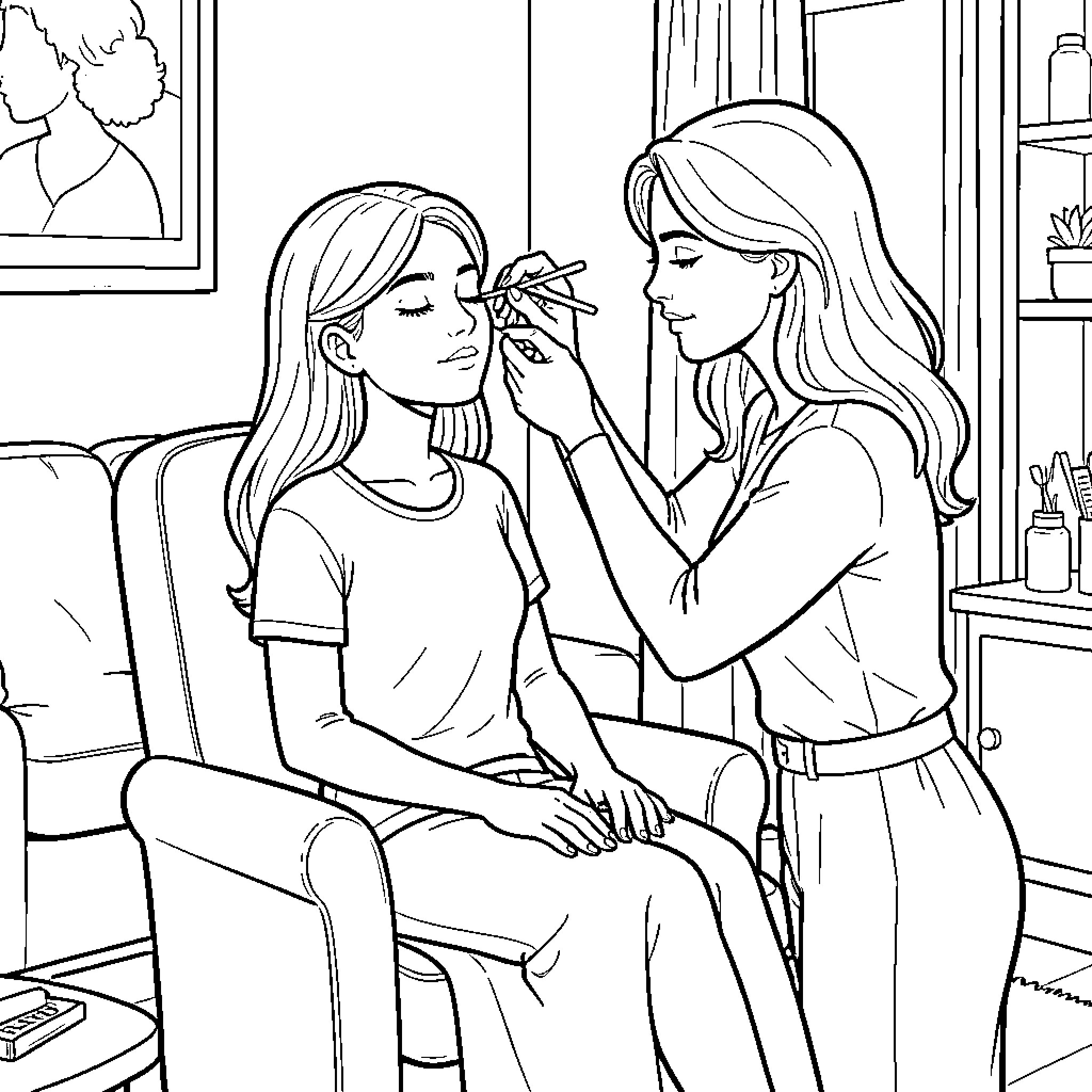 Chica Applying Makeup Together Coloring Page (free black-and-white line drawing printable PDF for all, from beginners to advanced learners, including children, teens, adults, and seniors)