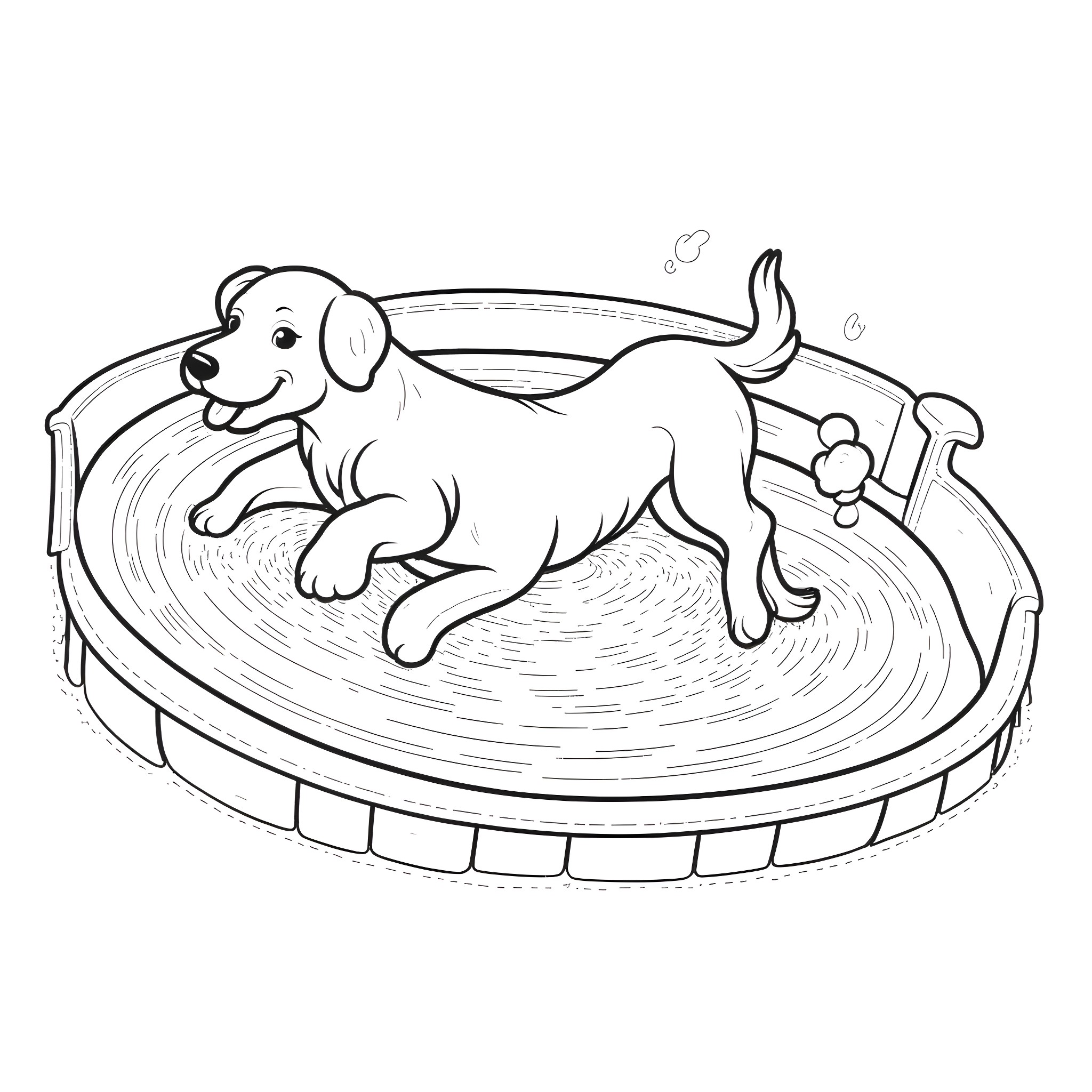 Dog playing happily in the bath Coloring Page (free black-and-white line drawing printable PDF for all, from beginners to advanced learners, including children, teens, adults, and seniors)