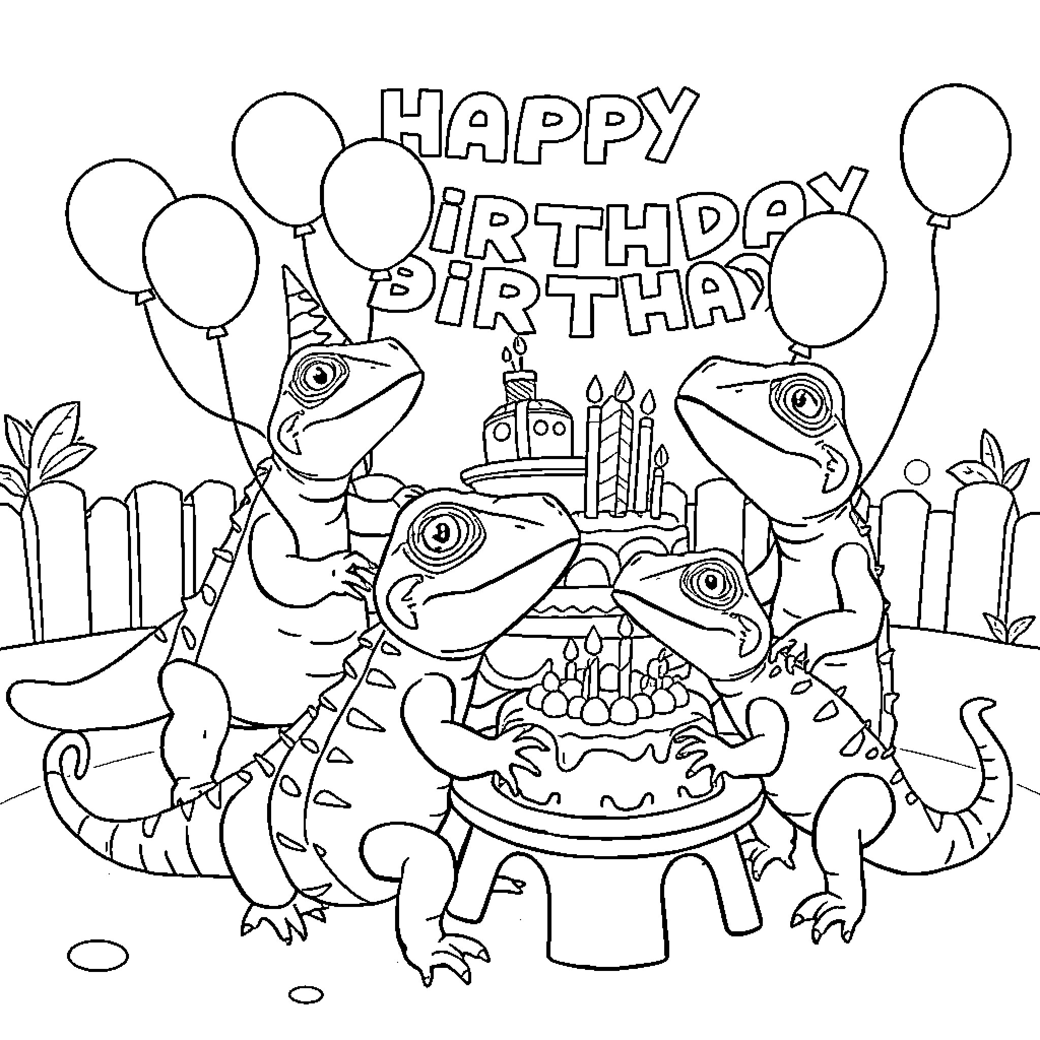 Reptile Birthday Celebration with Cake and Balloons Coloring Page (free black-and-white line drawing printable PDF for all, from beginners to advanced learners, including children, teens, adults, and seniors)