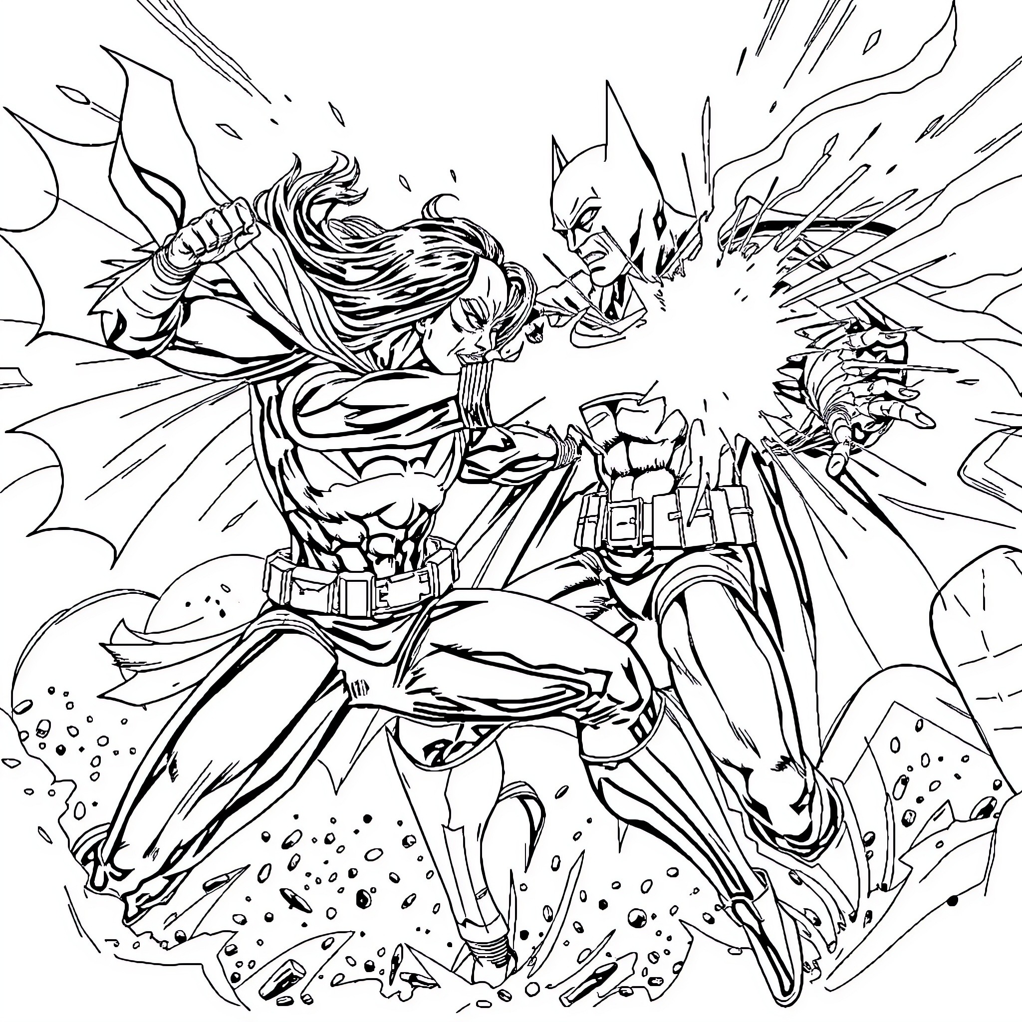 Ilia Topuria engaging in intense battle with masked adversary Coloring Page (free black-and-white line drawing printable PDF for all, from beginners to advanced learners, including children, teens, adults, and seniors)