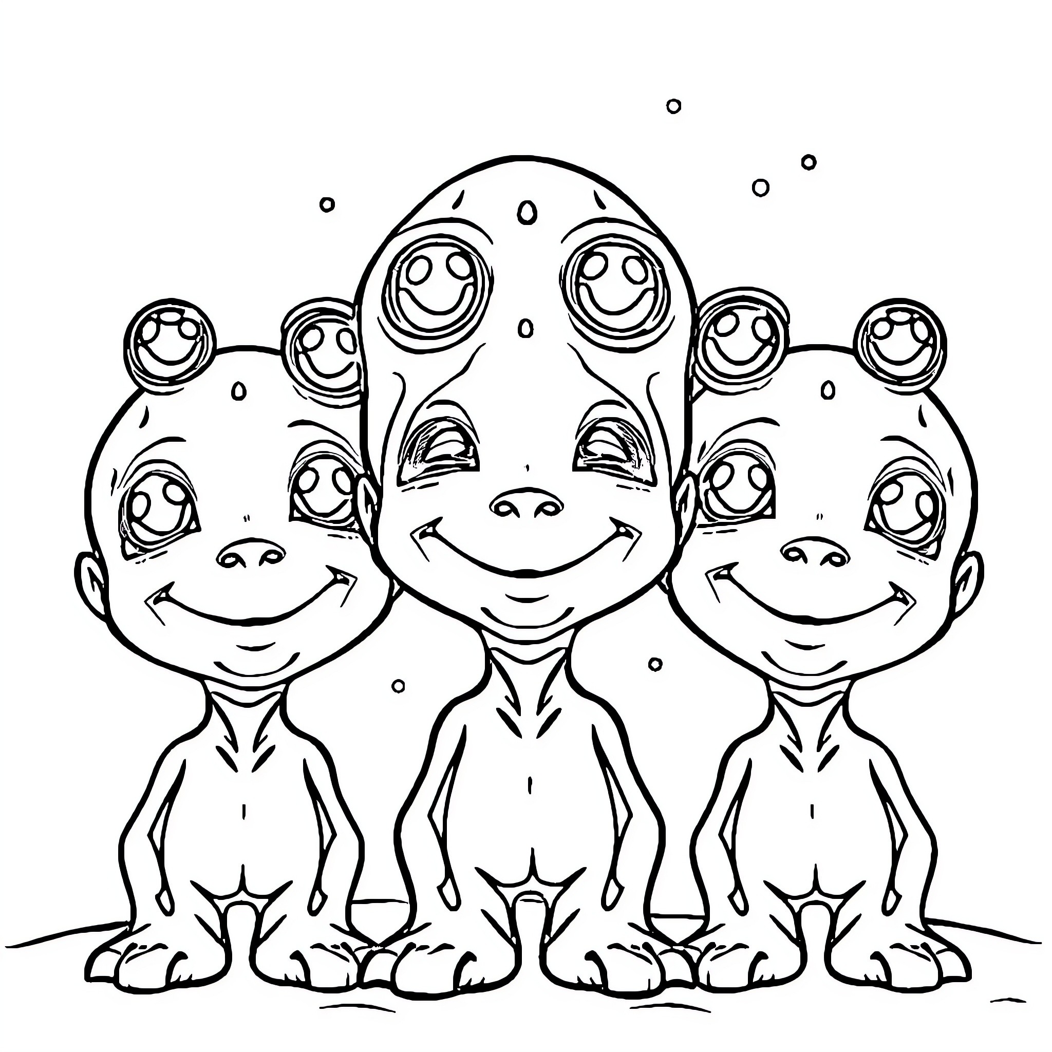 Extraterrestrial Creatures Smiling and Gathering Coloring Page (free black-and-white line drawing printable PDF for all, from beginners to advanced learners, including children, teens, adults, and seniors)