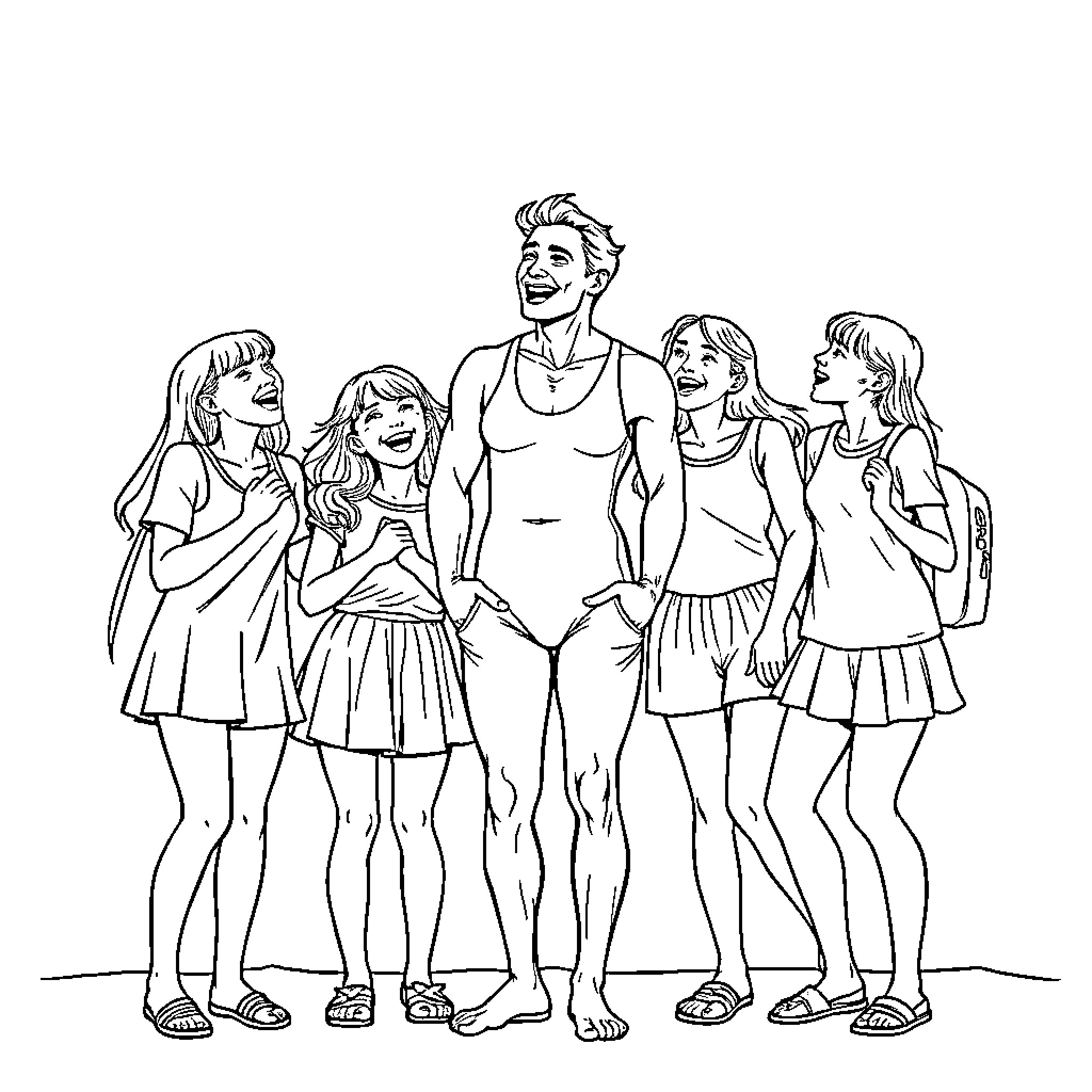 Man surrounded by group of cheerful women Coloring Page (free black-and-white line drawing printable PDF for all, from beginners to advanced learners, including children, teens, adults, and seniors)