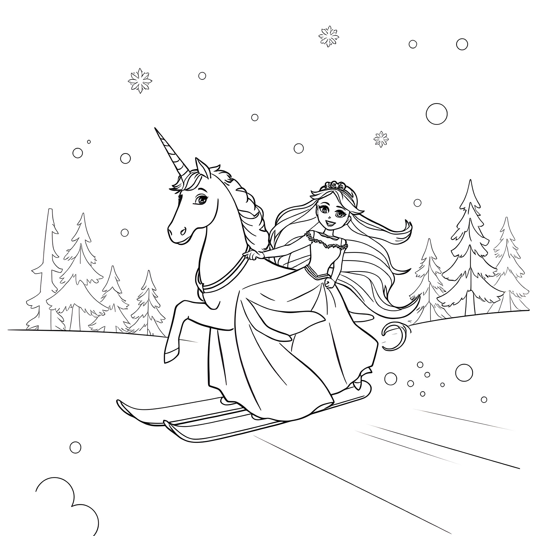 Princess riding a unicorn in a winter wonderland Coloring Page (free black-and-white line drawing printable PDF for all, from beginners to advanced learners, including children, teens, adults, and seniors)