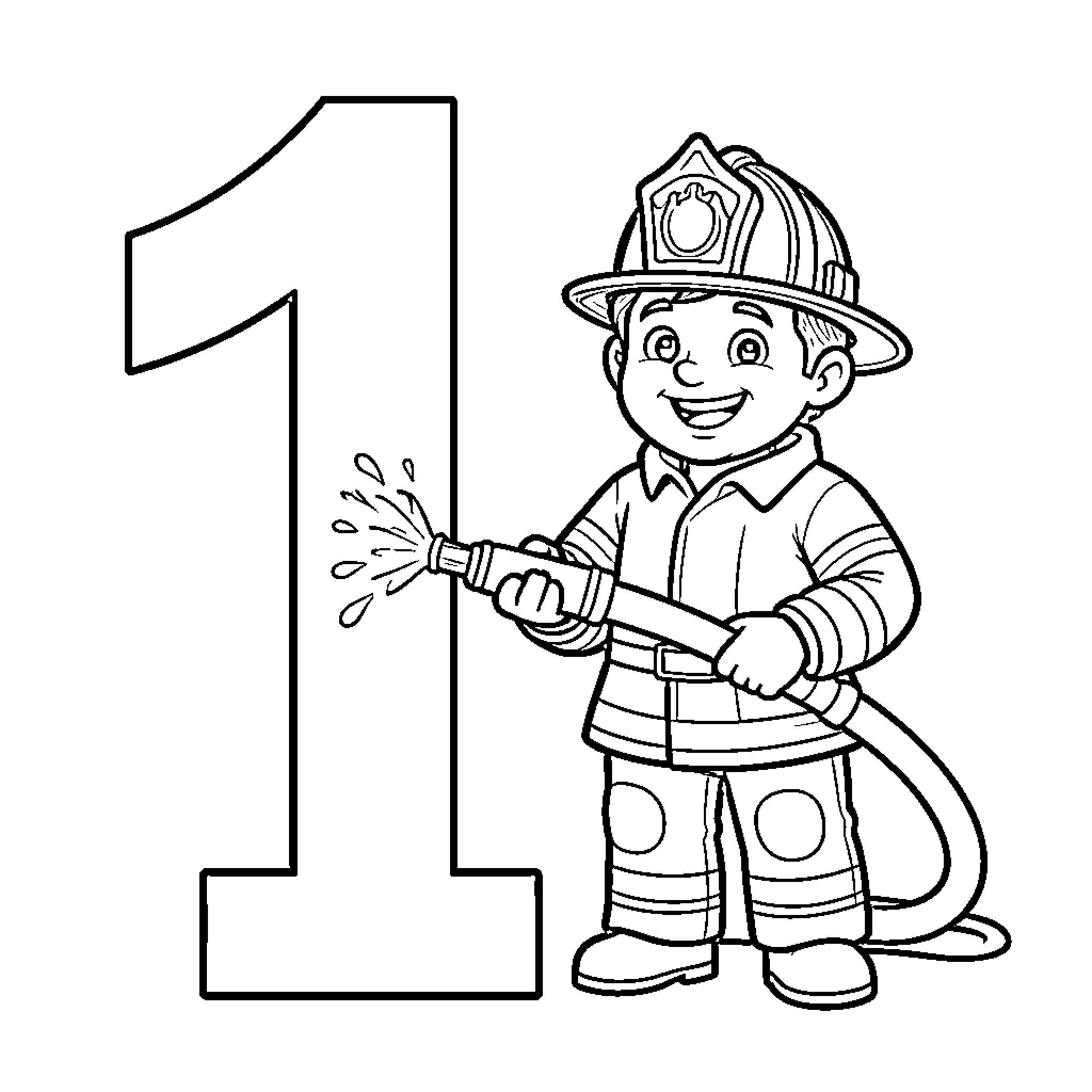 Bomber Boy Firefighter with Hose Coloring Page (free black-and-white line drawing printable PDF for all, from beginners to advanced learners, including children, teens, adults, and seniors)