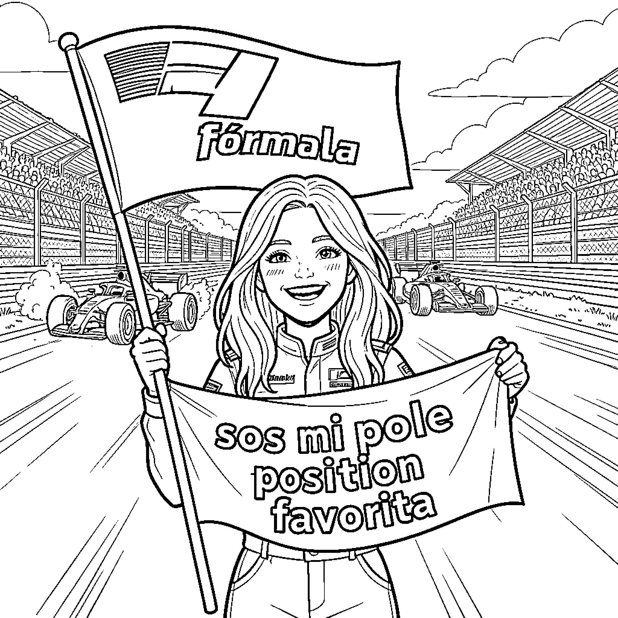 Chica smiling and waving a Formula racing flag Coloring Page (free black-and-white line drawing printable PDF for all, from beginners to advanced learners, including children, teens, adults, and seniors)