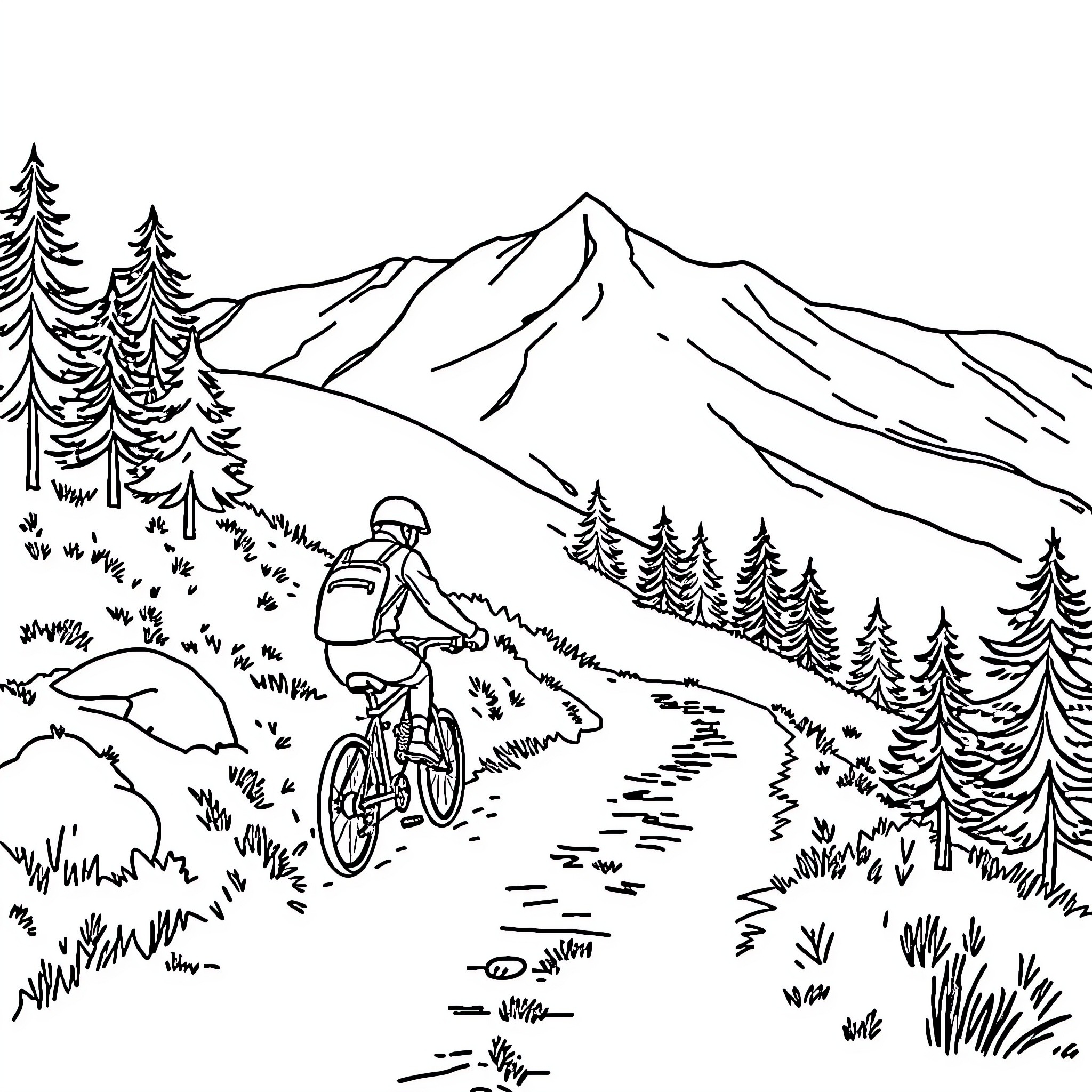 Bicycle ride through scenic mountain landscape Coloring Page (free black-and-white line drawing printable PDF for all, from beginners to advanced learners, including children, teens, adults, and seniors)
