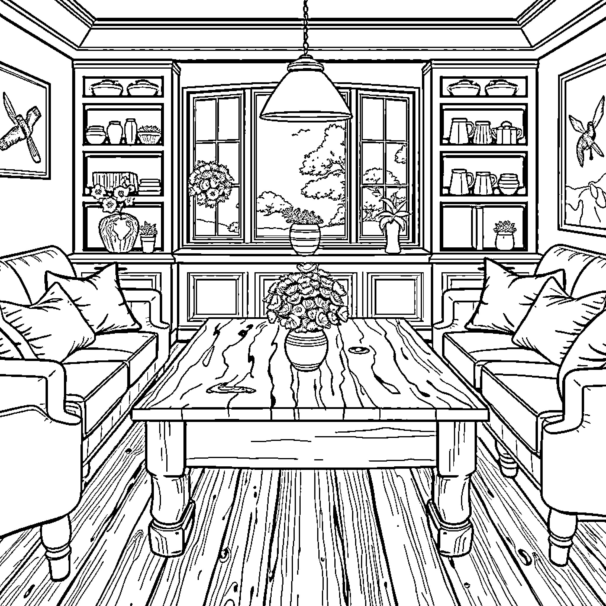 Table Set in Cozy Living Room Coloring Page (free black-and-white line drawing printable PDF for all, from beginners to advanced learners, including children, teens, adults, and seniors)