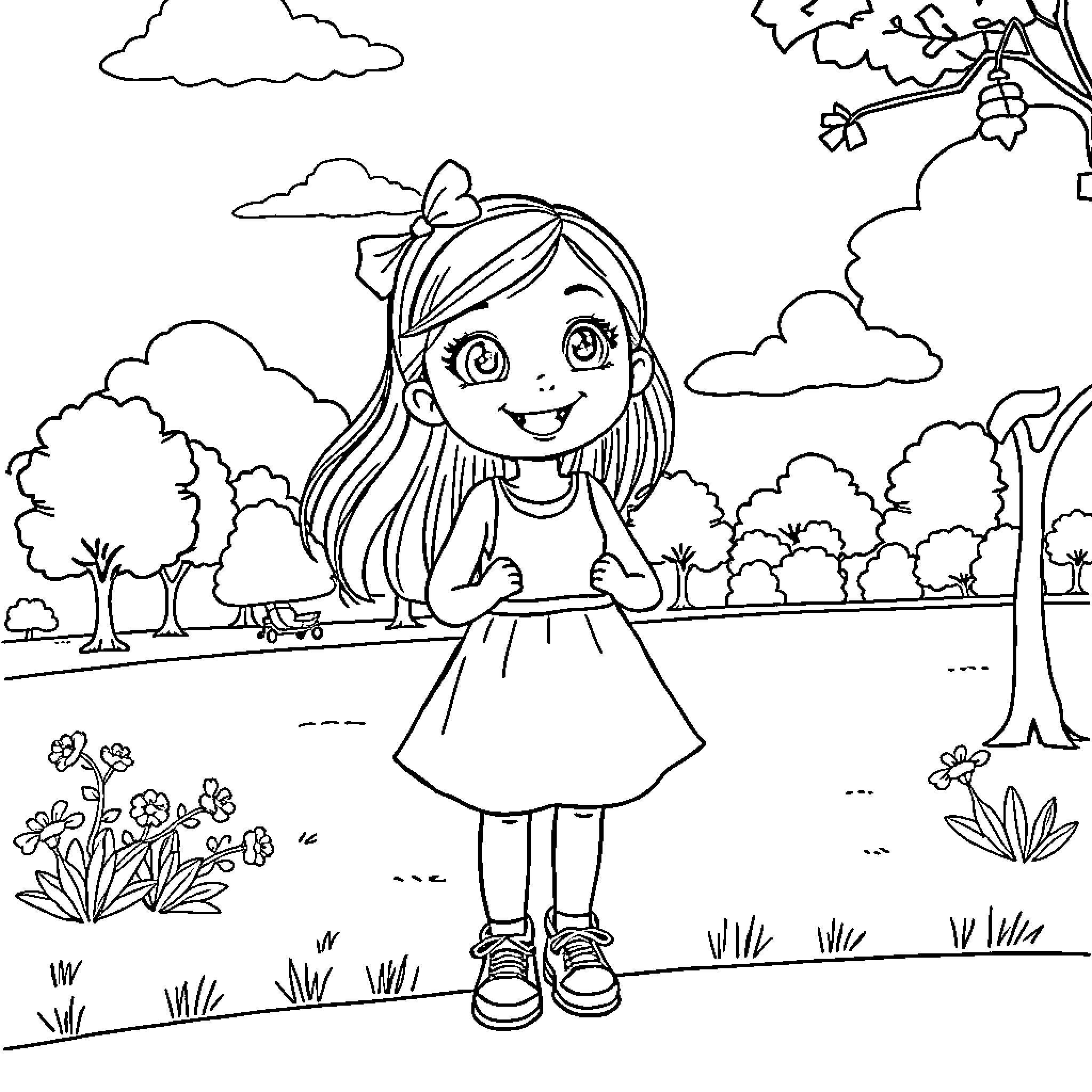 EMS Girl in Nature with Happy Expression Coloring Page (free black-and-white line drawing printable PDF for all, from beginners to advanced learners, including children, teens, adults, and seniors)