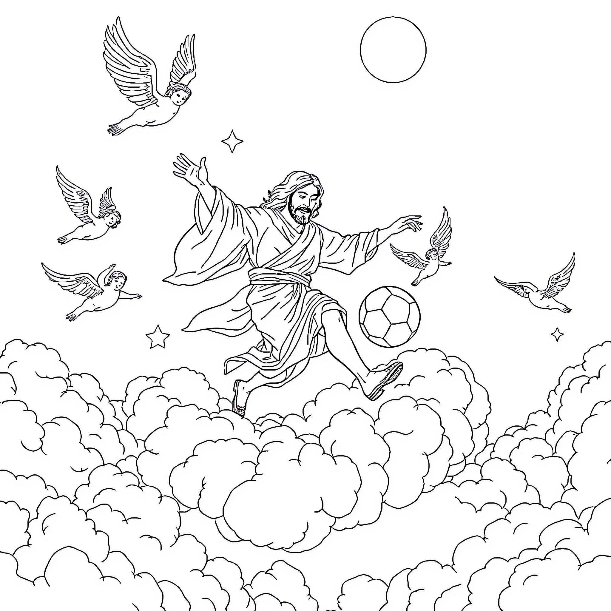 Jesus playing joyfully with birds and ball in the clouds Coloring Page (free black-and-white line drawing printable PDF for all, from beginners to advanced learners, including children, teens, adults, and seniors)