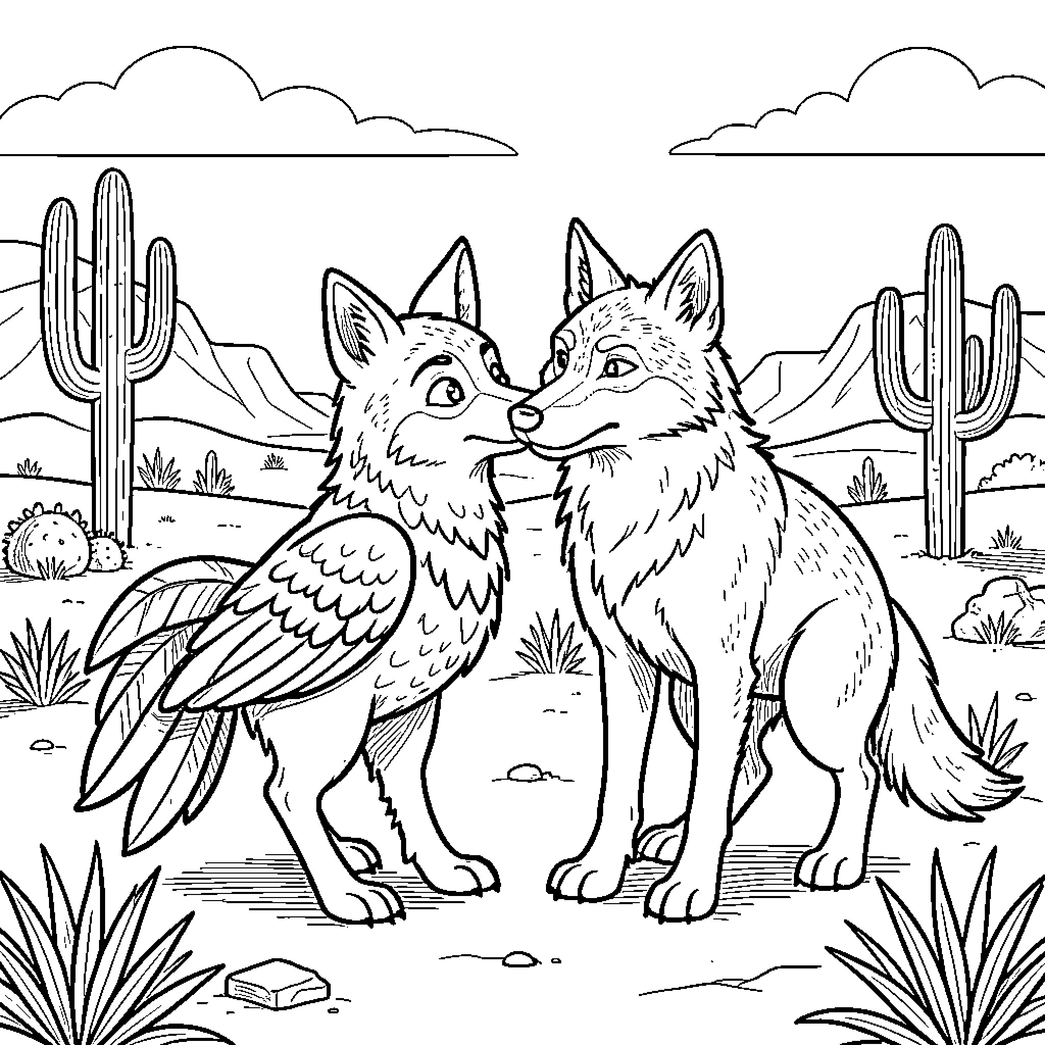 Correcaminos playing together in the desert Coloring Page (free black-and-white line drawing printable PDF for all, from beginners to advanced learners, including children, teens, adults, and seniors)