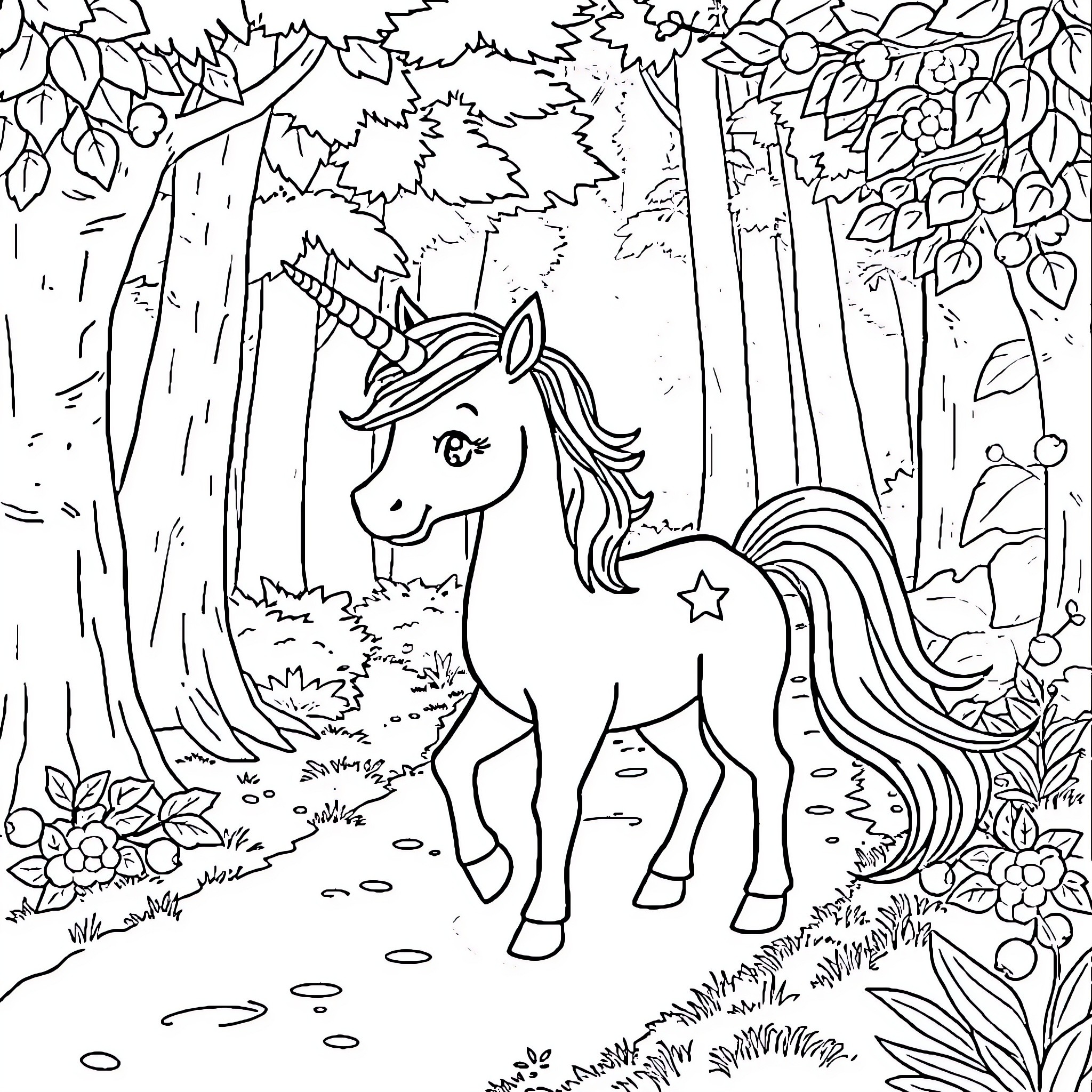 Unicorn exploring the enchanted forest Coloring Page (free black-and-white line drawing printable PDF for all, from beginners to advanced learners, including children, teens, adults, and seniors)