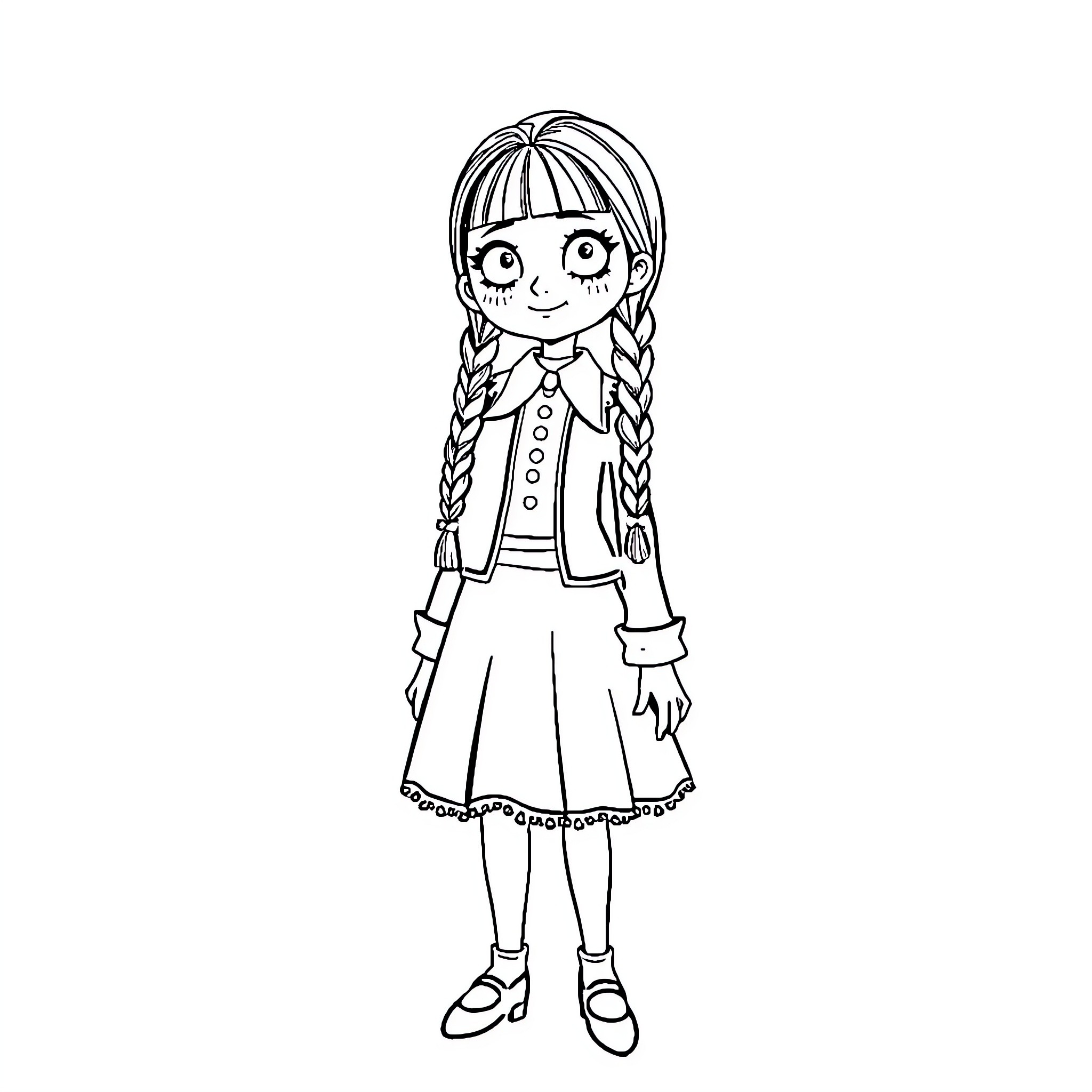 Wednesday Delightful Girl in Patterned Outfit Coloring Page (free black-and-white line drawing printable PDF for all, from beginners to advanced learners, including children, teens, adults, and seniors)