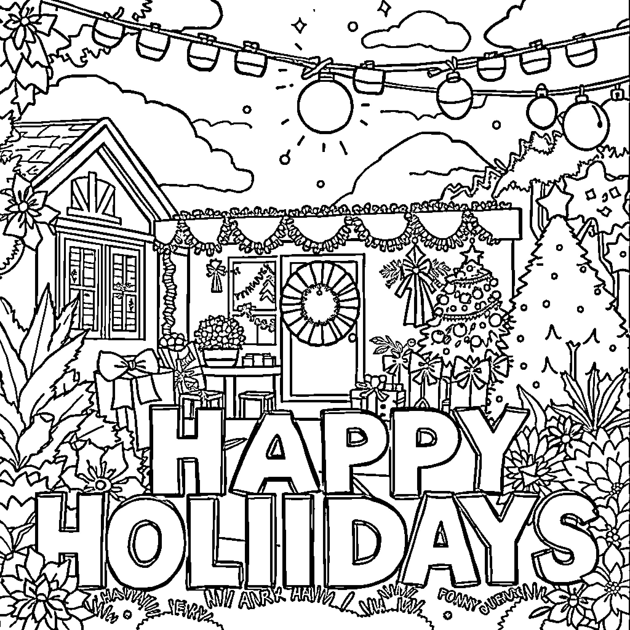 Holiday Scene with Festive Decorations and Celebrations Coloring Page (free black-and-white line drawing printable PDF for all, from beginners to advanced learners, including children, teens, adults, and seniors)