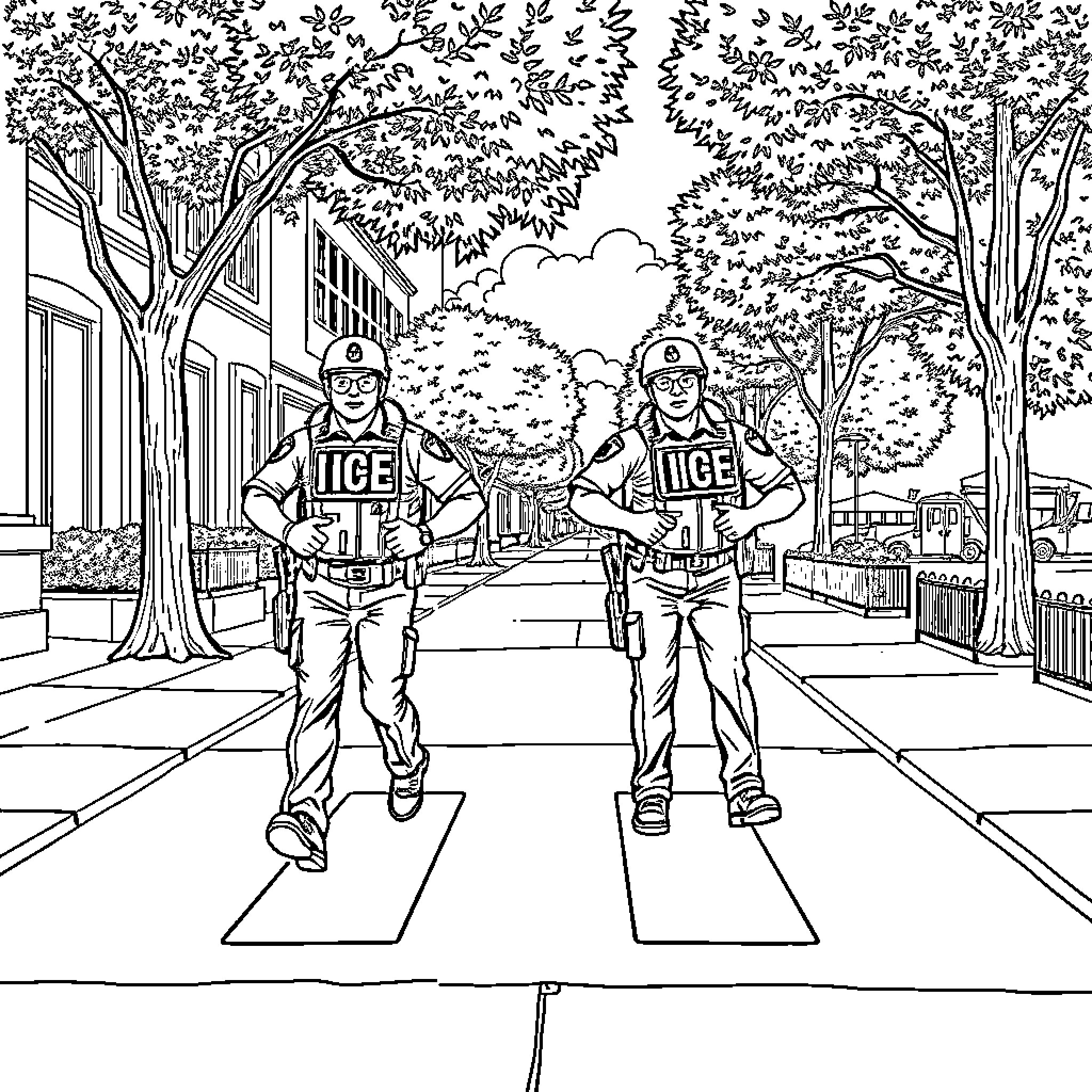 Ice Agents Patrol the City Streets Coloring Page (free black-and-white line drawing printable PDF for all, from beginners to advanced learners, including children, teens, adults, and seniors)
