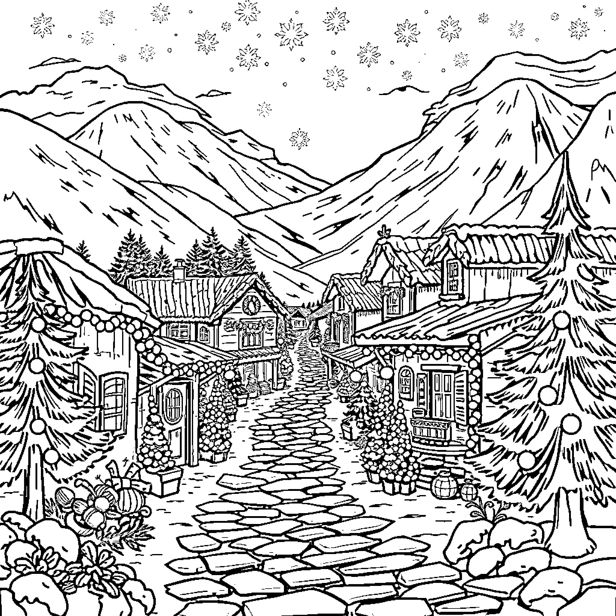 Pueblo winter wonderland scene with snow-capped mountains Coloring Page (free black-and-white line drawing printable PDF for all, from beginners to advanced learners, including children, teens, adults, and seniors)