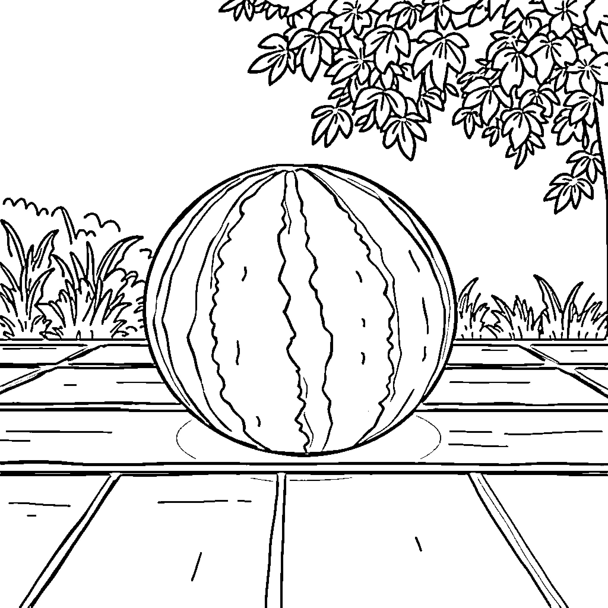 Watermelon floating on a serene pond Coloring Page (free black-and-white line drawing printable PDF for all, from beginners to advanced learners, including children, teens, adults, and seniors)
