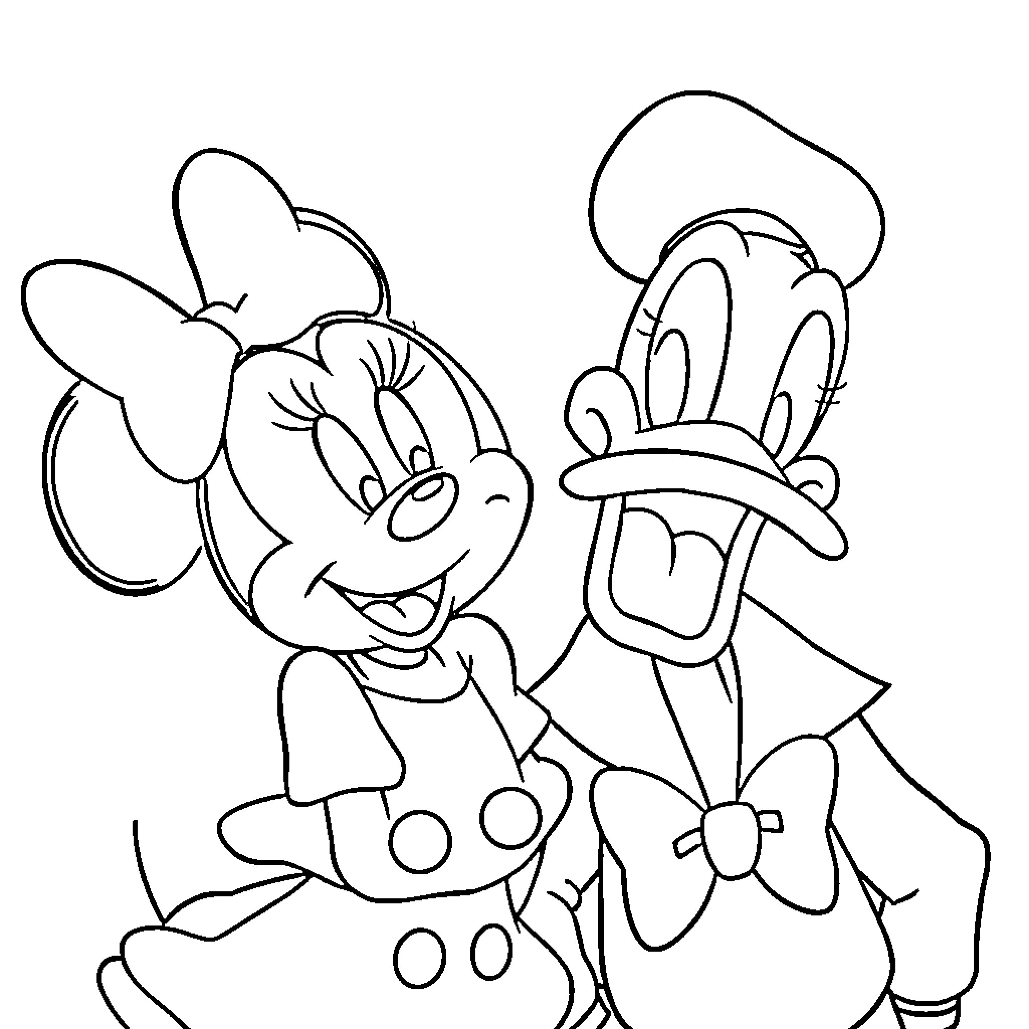 Minnie and Donald Duck posing together happily Coloring Page (free black-and-white line drawing printable PDF for all, from beginners to advanced learners, including children, teens, adults, and seniors)
