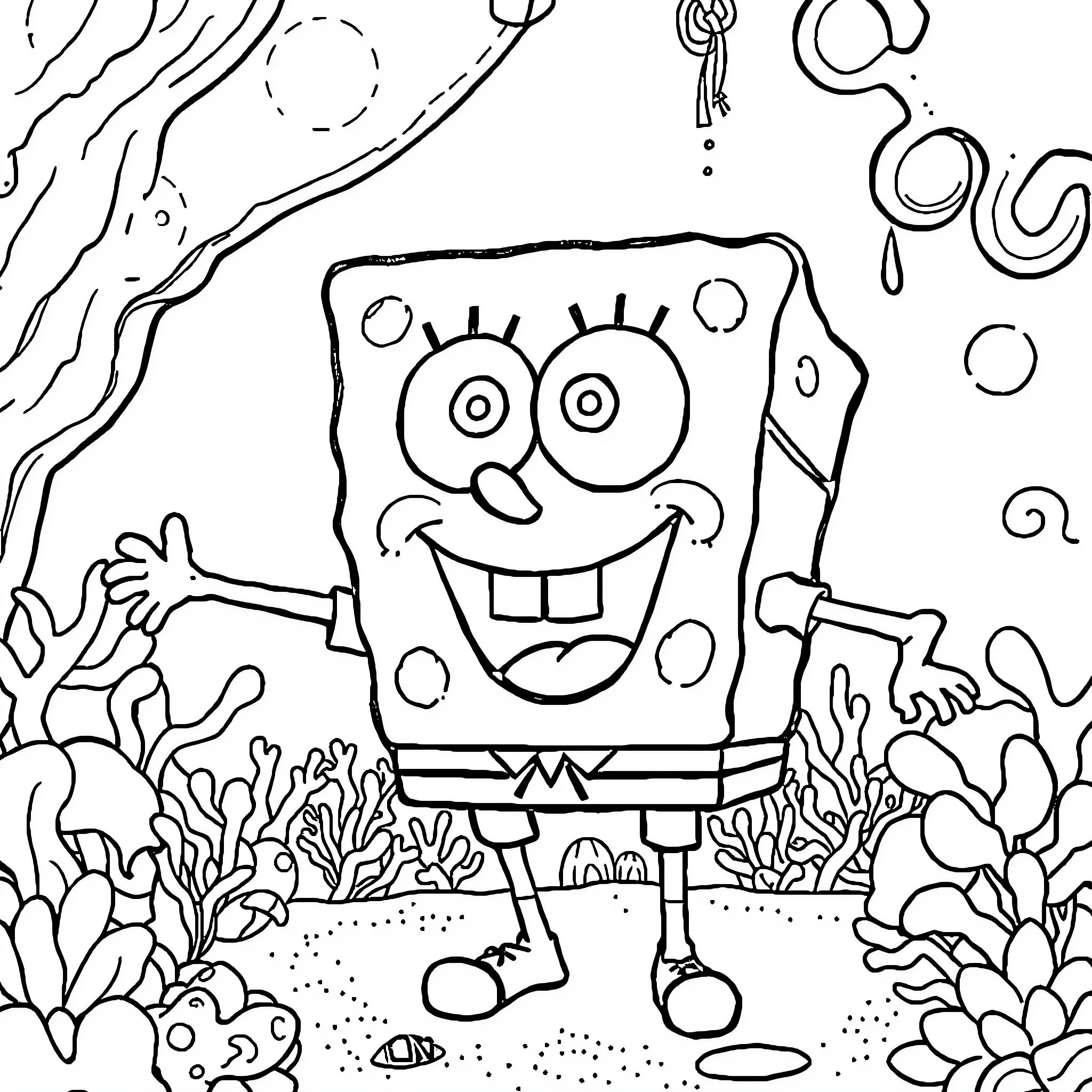 Spongebob enjoying a day at the underwater reef Coloring Page (free black-and-white line drawing printable PDF for all, from beginners to advanced learners, including children, teens, adults, and seniors)
