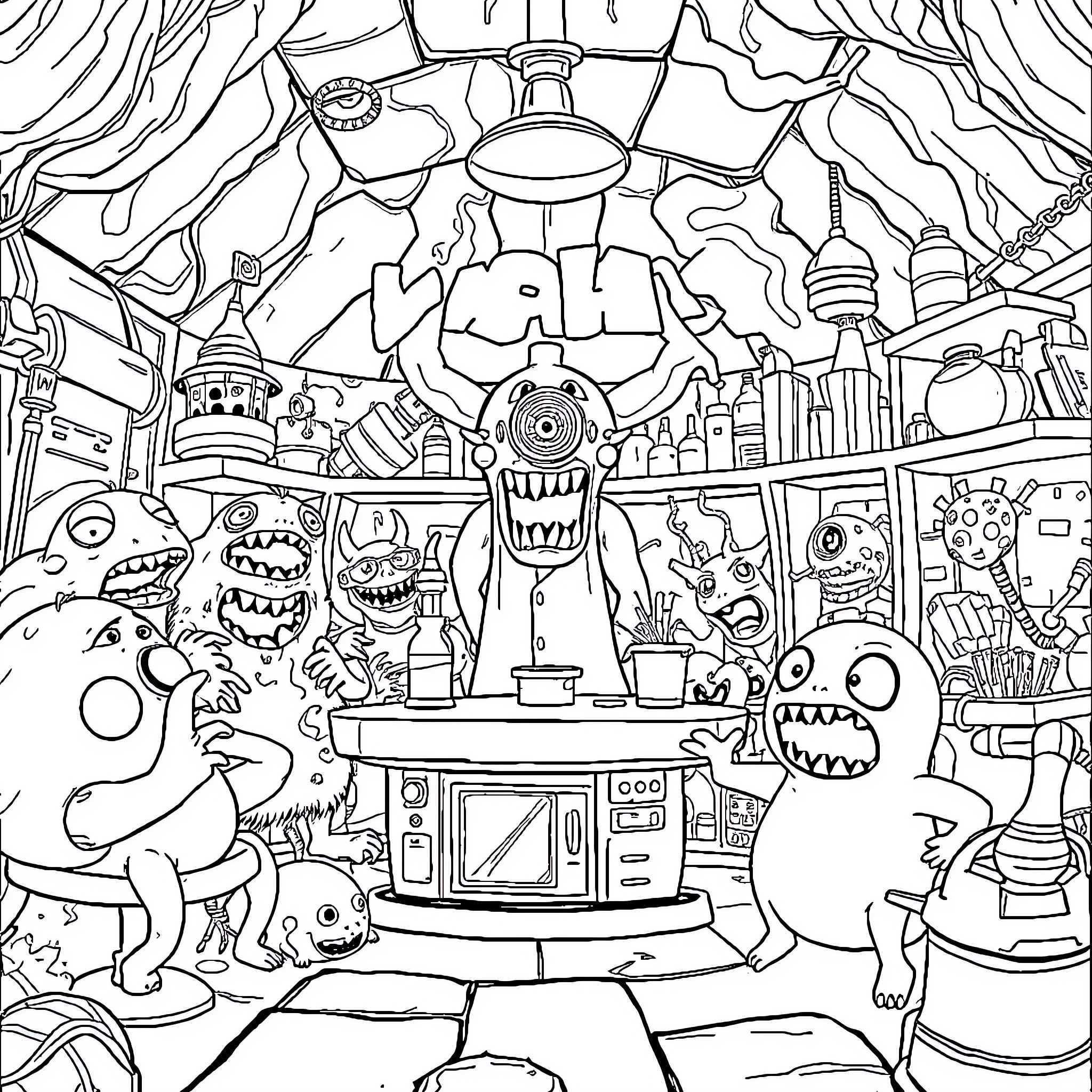 Monster Lab of Bizarre Experiments and Inventions Coloring Page (free black-and-white line drawing printable PDF for all, from beginners to advanced learners, including children, teens, adults, and seniors)
