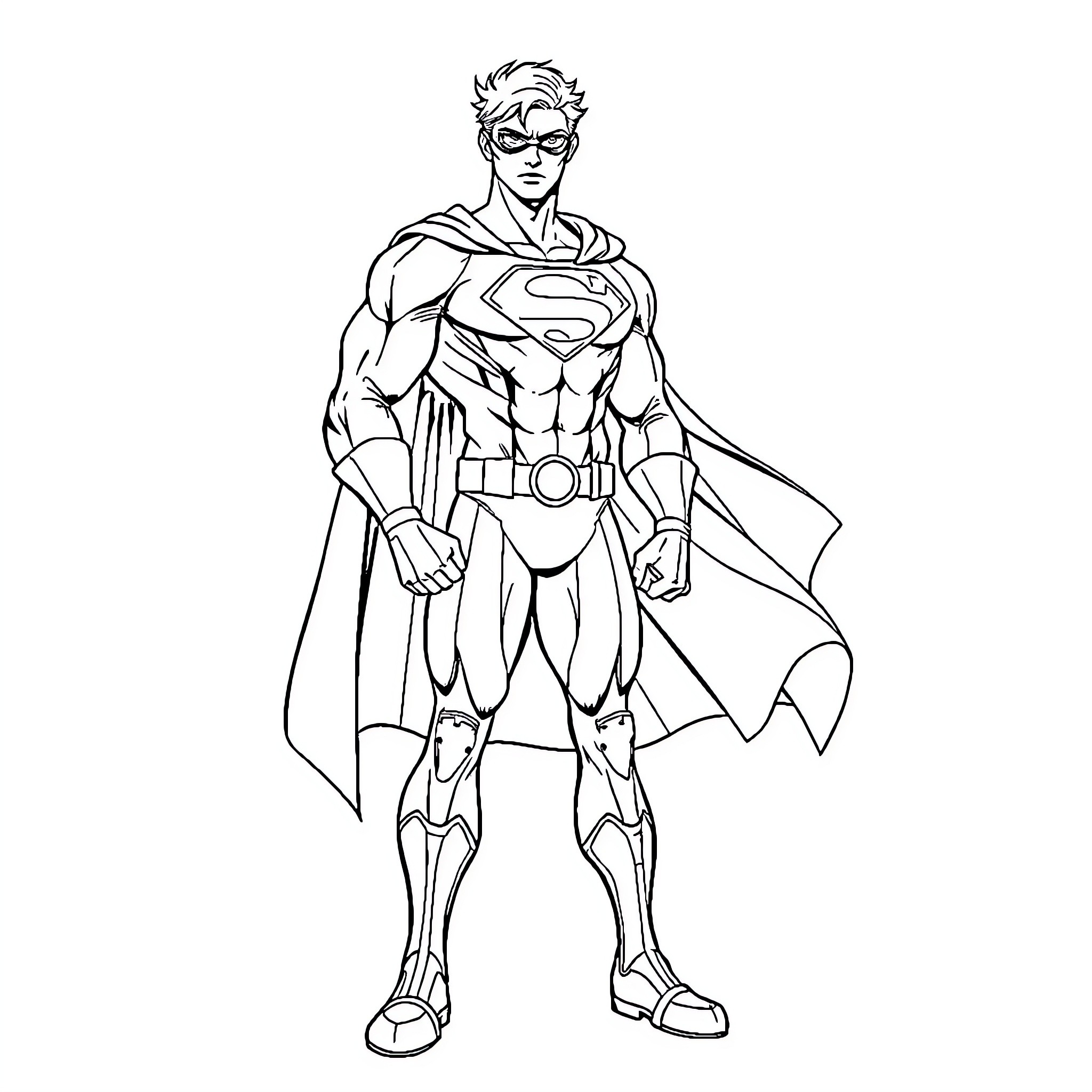 Human superhero in iconic costume and stance Coloring Page (free black-and-white line drawing printable PDF for all, from beginners to advanced learners, including children, teens, adults, and seniors)