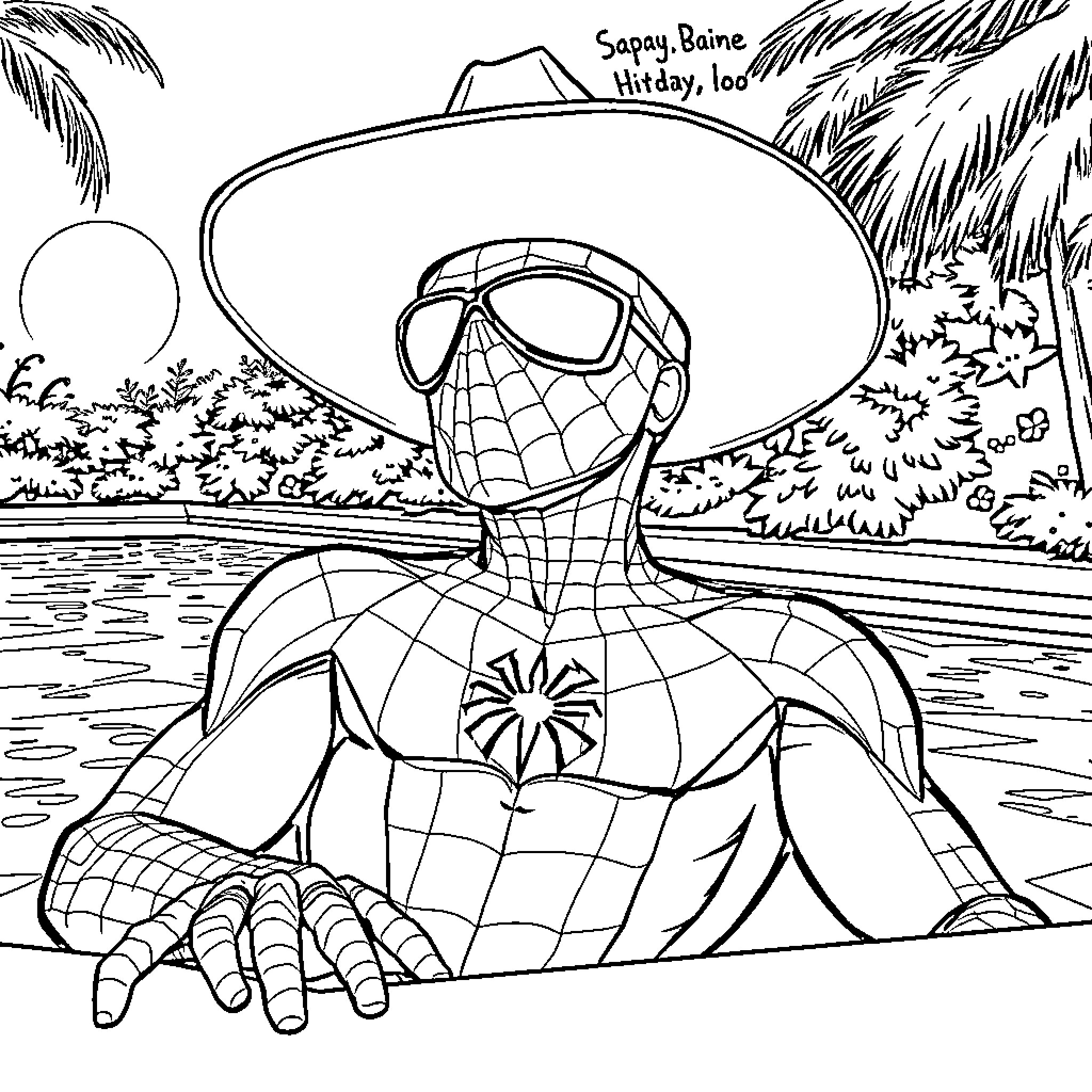 Spider-Man relaxing on the beach Coloring Page (free black-and-white line drawing printable PDF for all, from beginners to advanced learners, including children, teens, adults, and seniors)