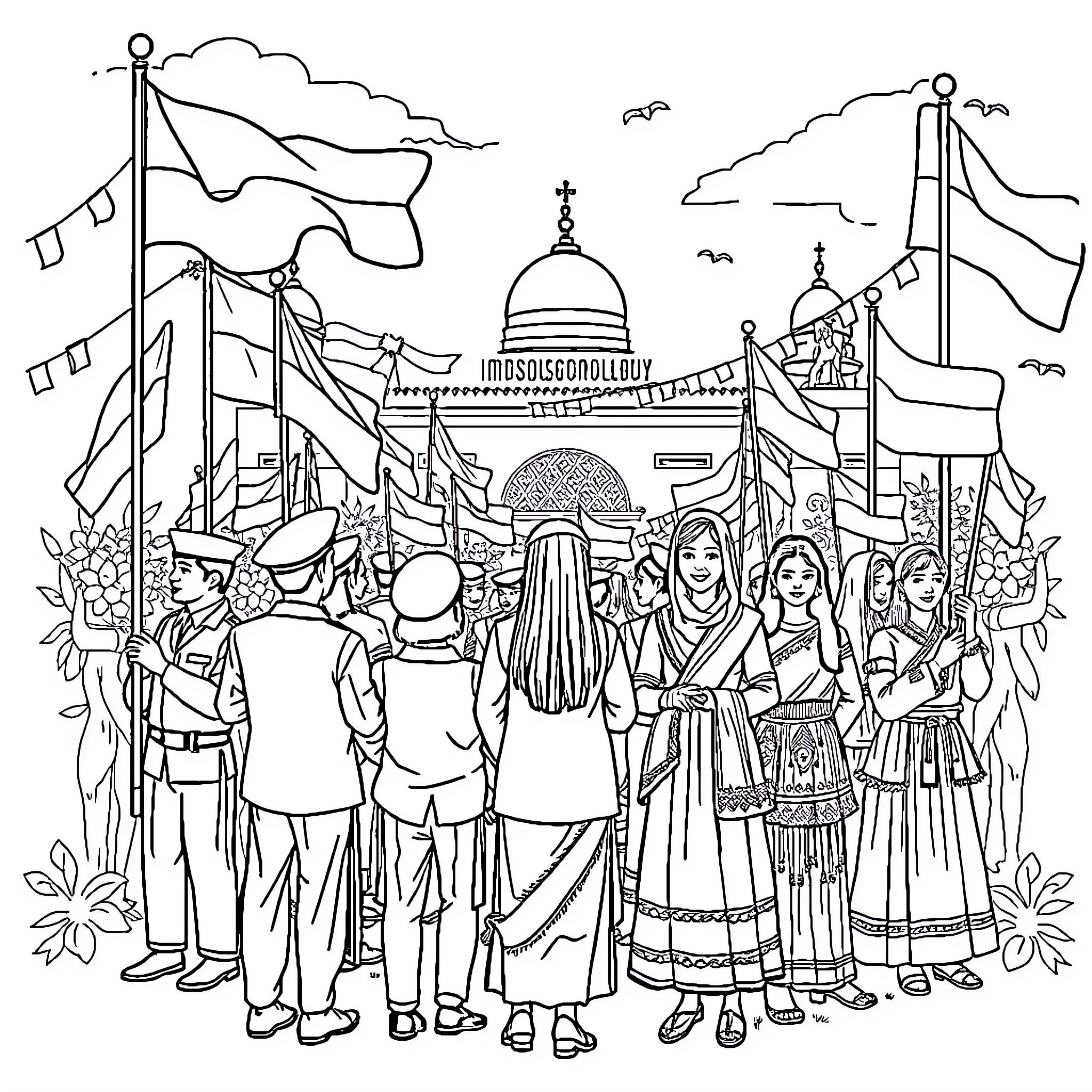 Indonesian Independence Day Celebration with Diverse Participants Coloring Page (free black-and-white line drawing printable PDF for all, from beginners to advanced learners, including children, teens, adults, and seniors)