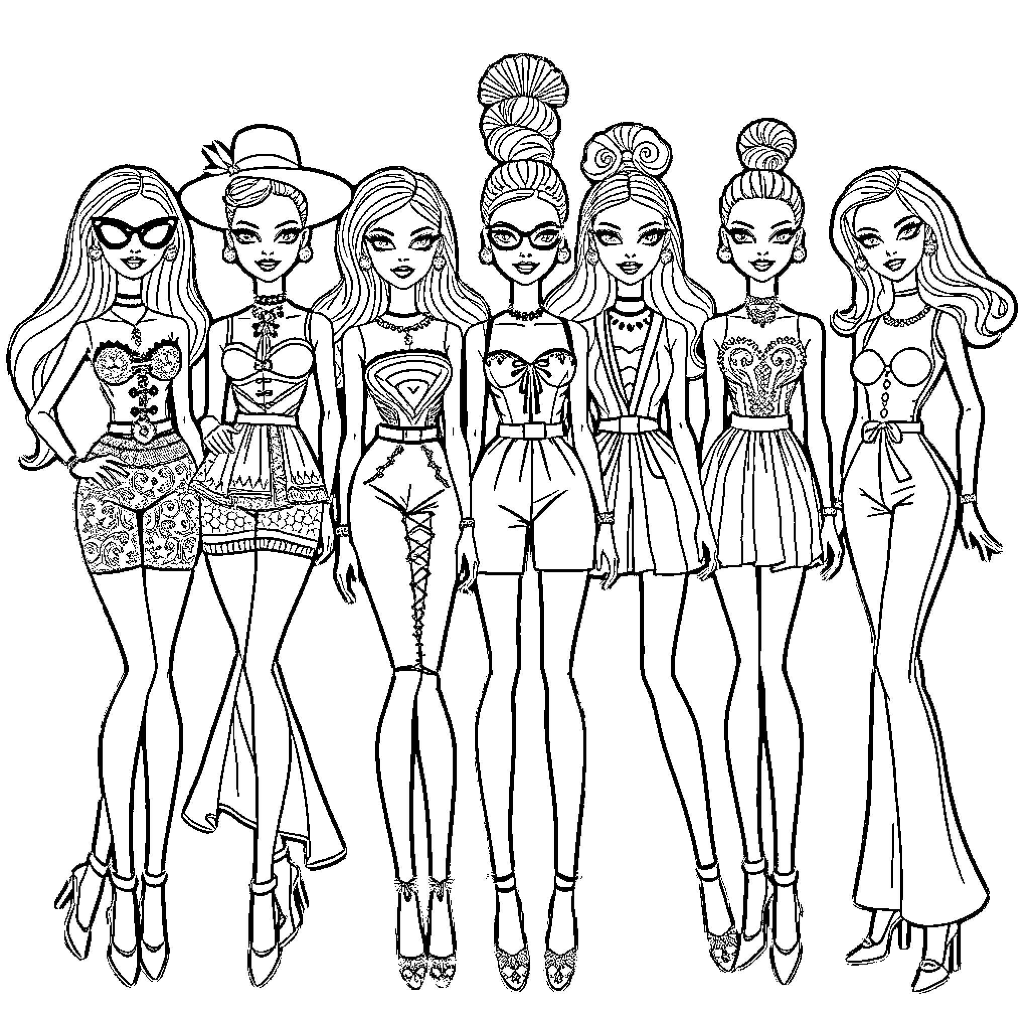 Doll fashionistas showcase diverse outfits and styles Coloring Page (free black-and-white line drawing printable PDF for all, from beginners to advanced learners, including children, teens, adults, and seniors)