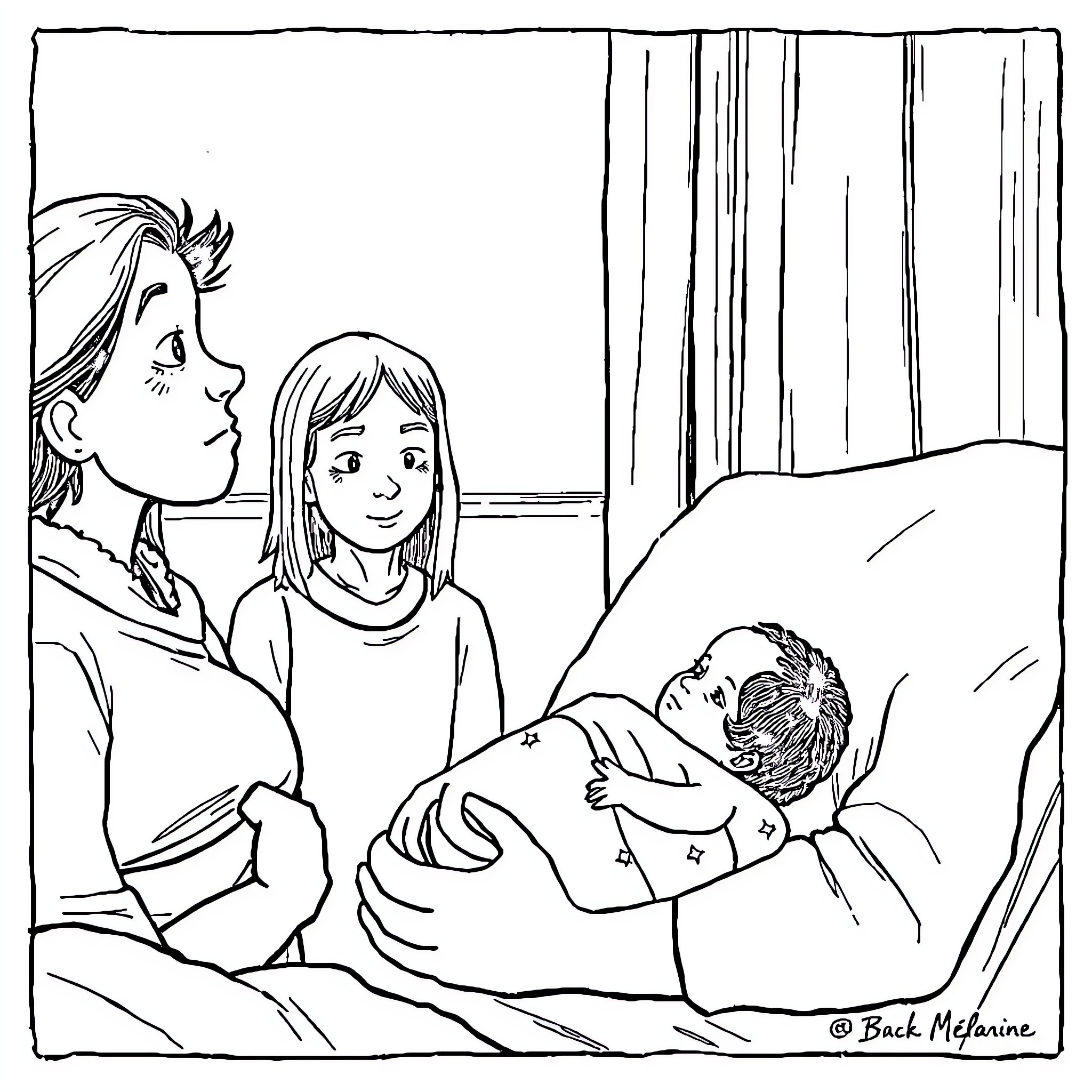 Mélanine's family visiting a hospitalized child Coloring Page (free black-and-white line drawing printable PDF for all, from beginners to advanced learners, including children, teens, adults, and seniors)